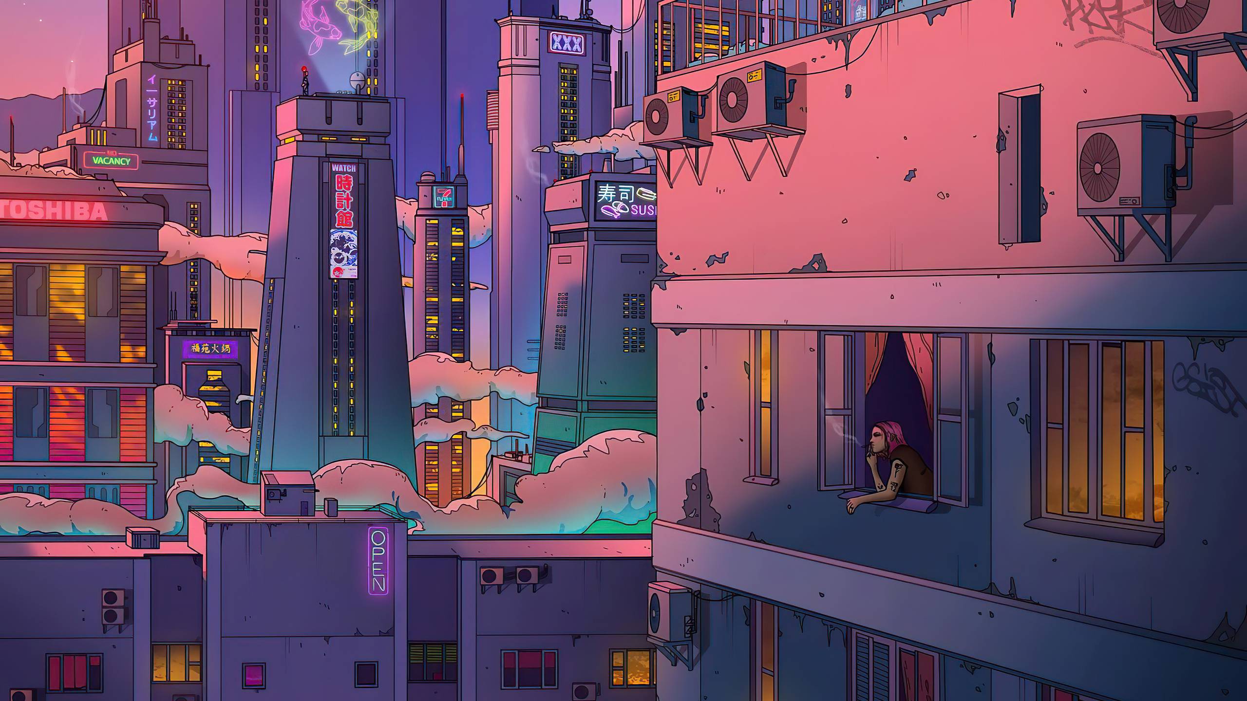 A cartoon of an urban city at night - 2560x1440