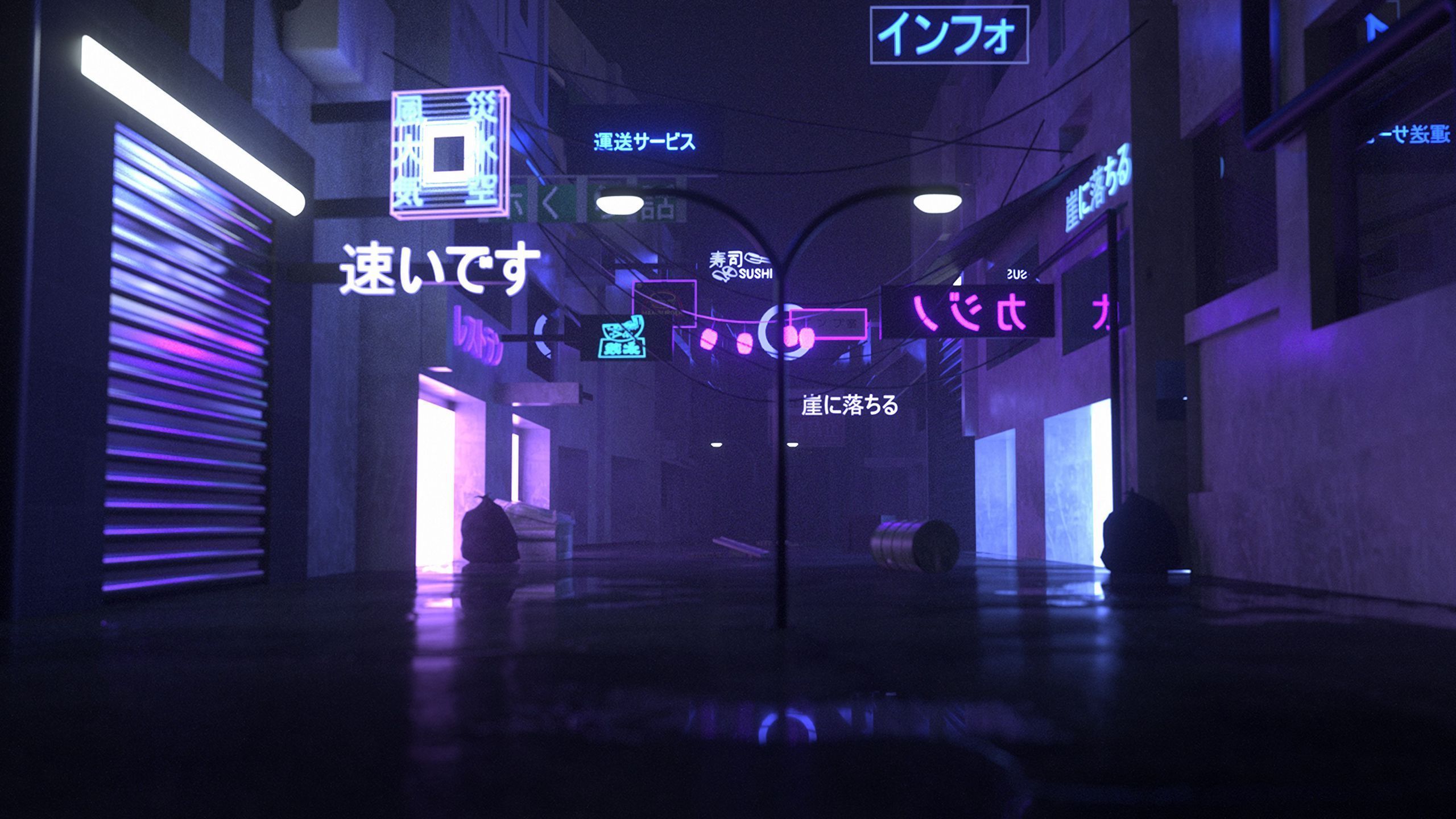 A dark alley with neon lights and signs - 2560x1440