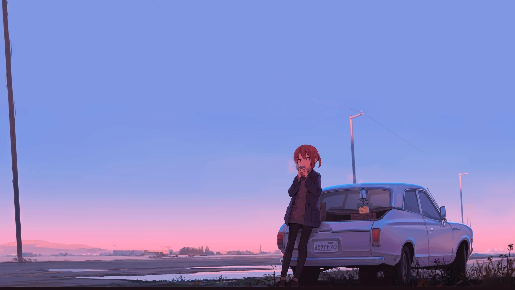 A girl leaning on a car looking at the sunset - 2048x1152