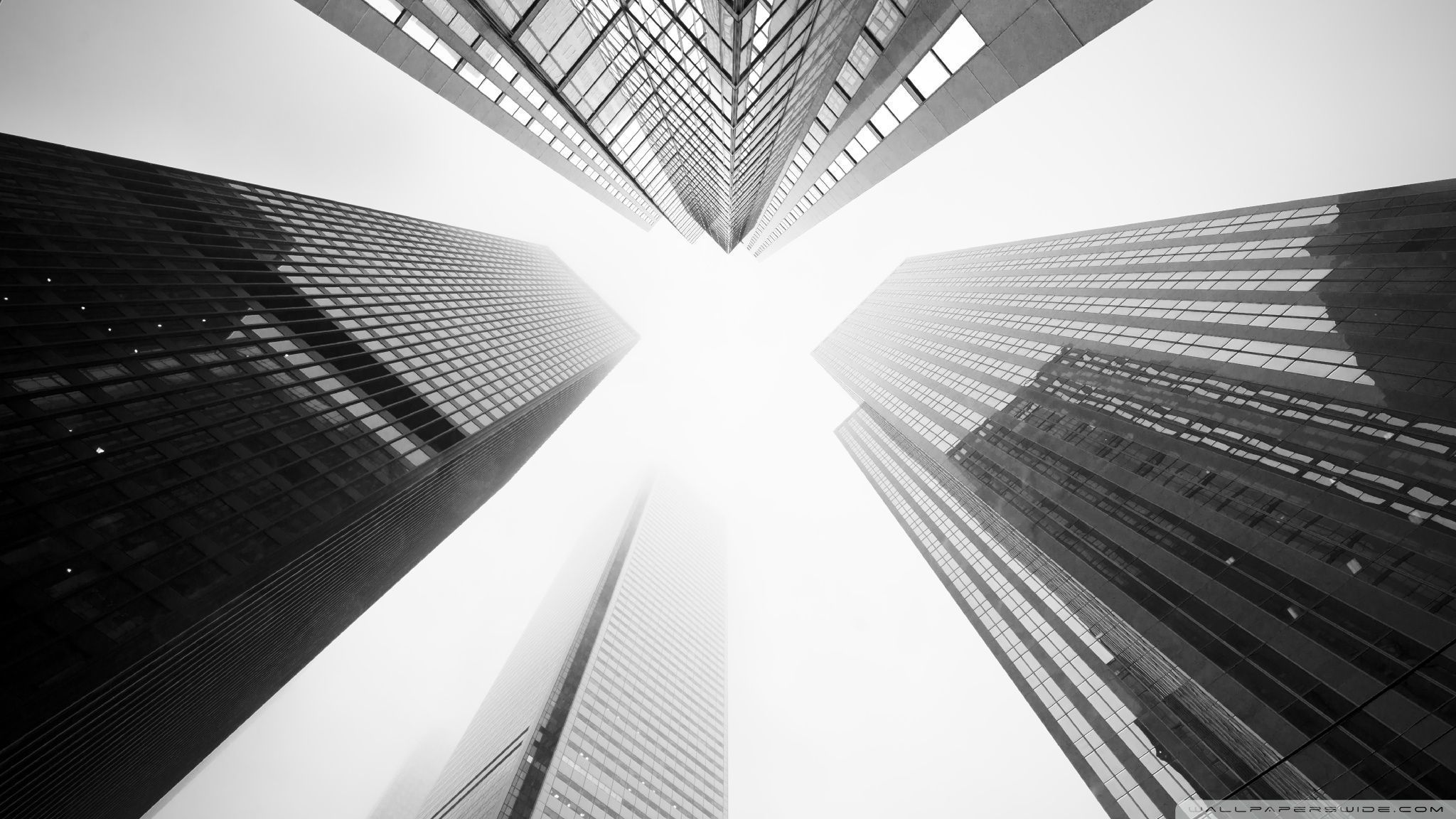 A black and white photo of tall buildings - 2048x1152, architecture, black and white, white, HD, gray