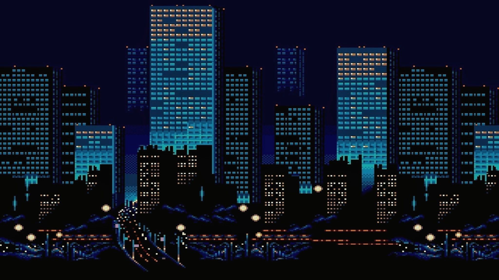 A pixel art image of a city at night with skyscrapers and a river - 2048x1152