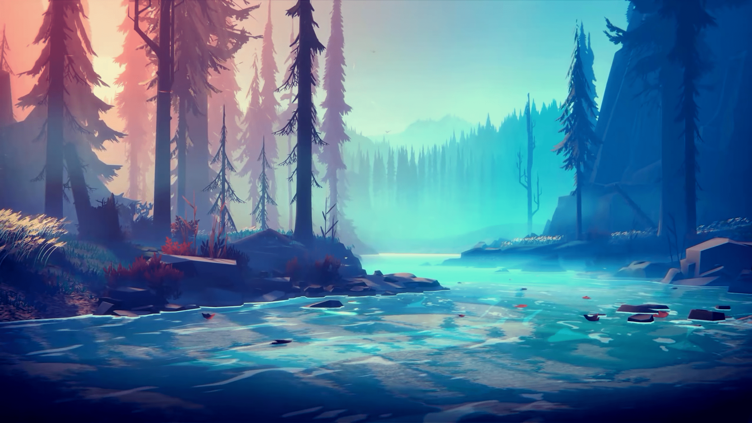 A serene landscape with a river running through a forest, with tall trees on either side and a mountain range in the distance. The sky is a gradient of blue and pink. - 2560x1440