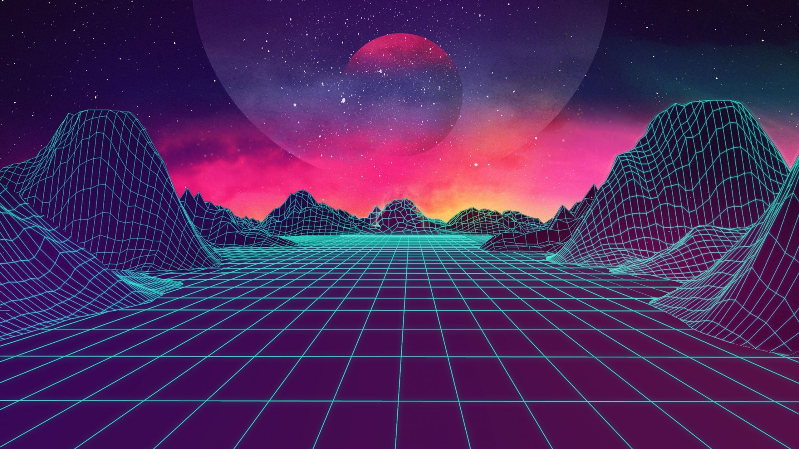 An image of a retro style landscape with mountains and stars - 2560x1440