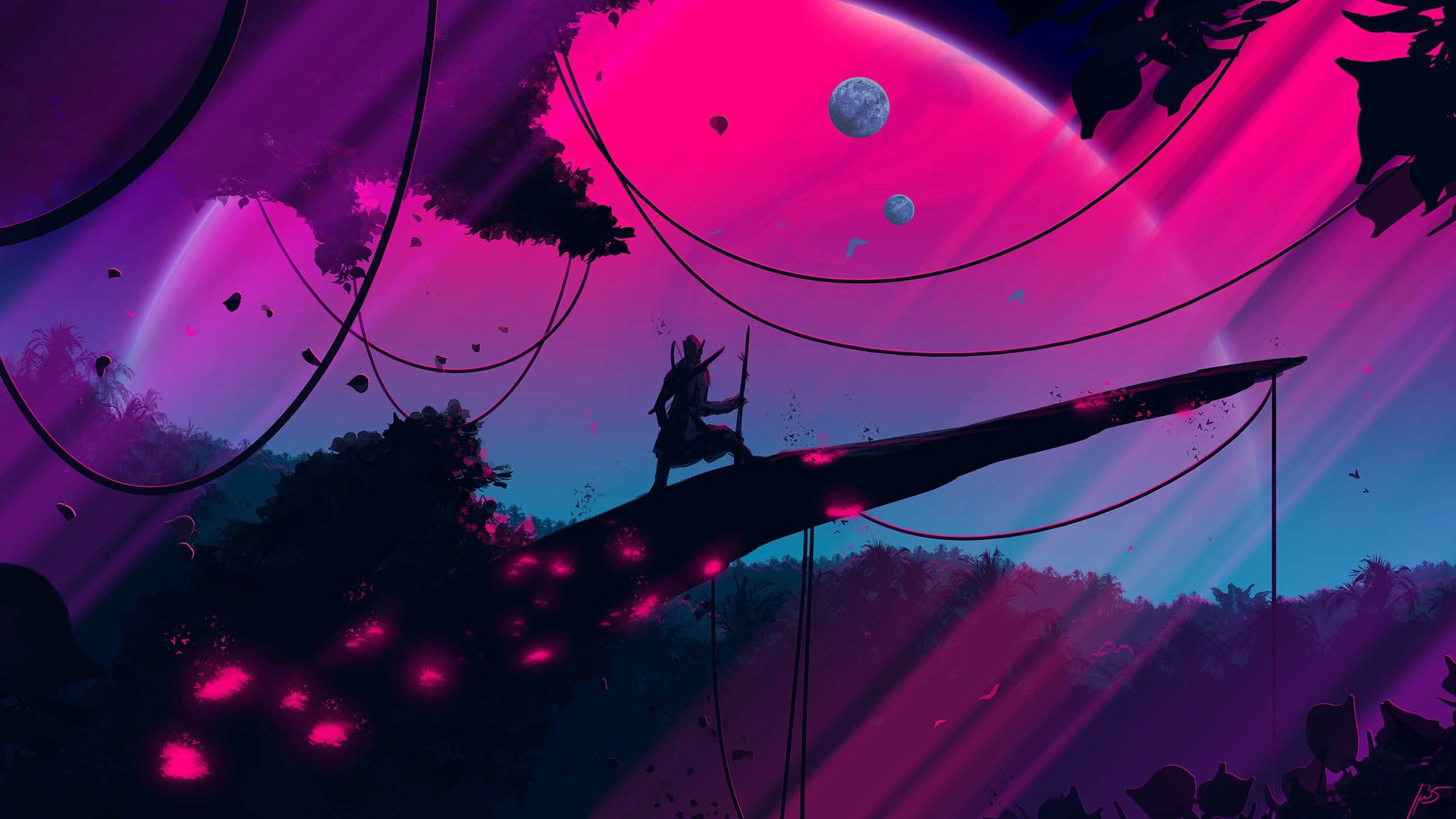 A character from the game Sayonara Wild stands on a tree branch, holding a sword, with a purple and pink sky in the background - 2560x1440