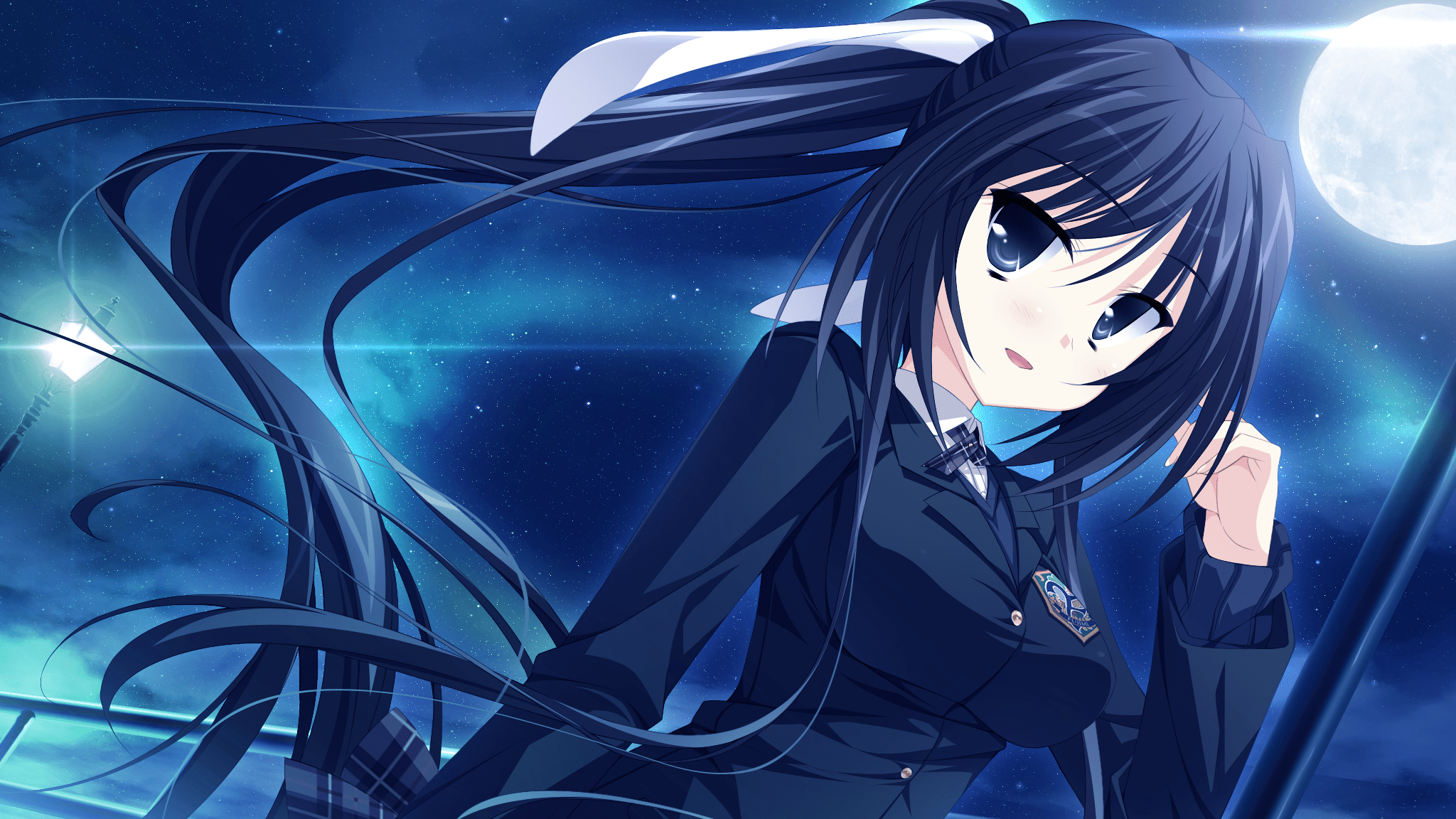Anime girl with long black hair in a school uniform - 2048x1152