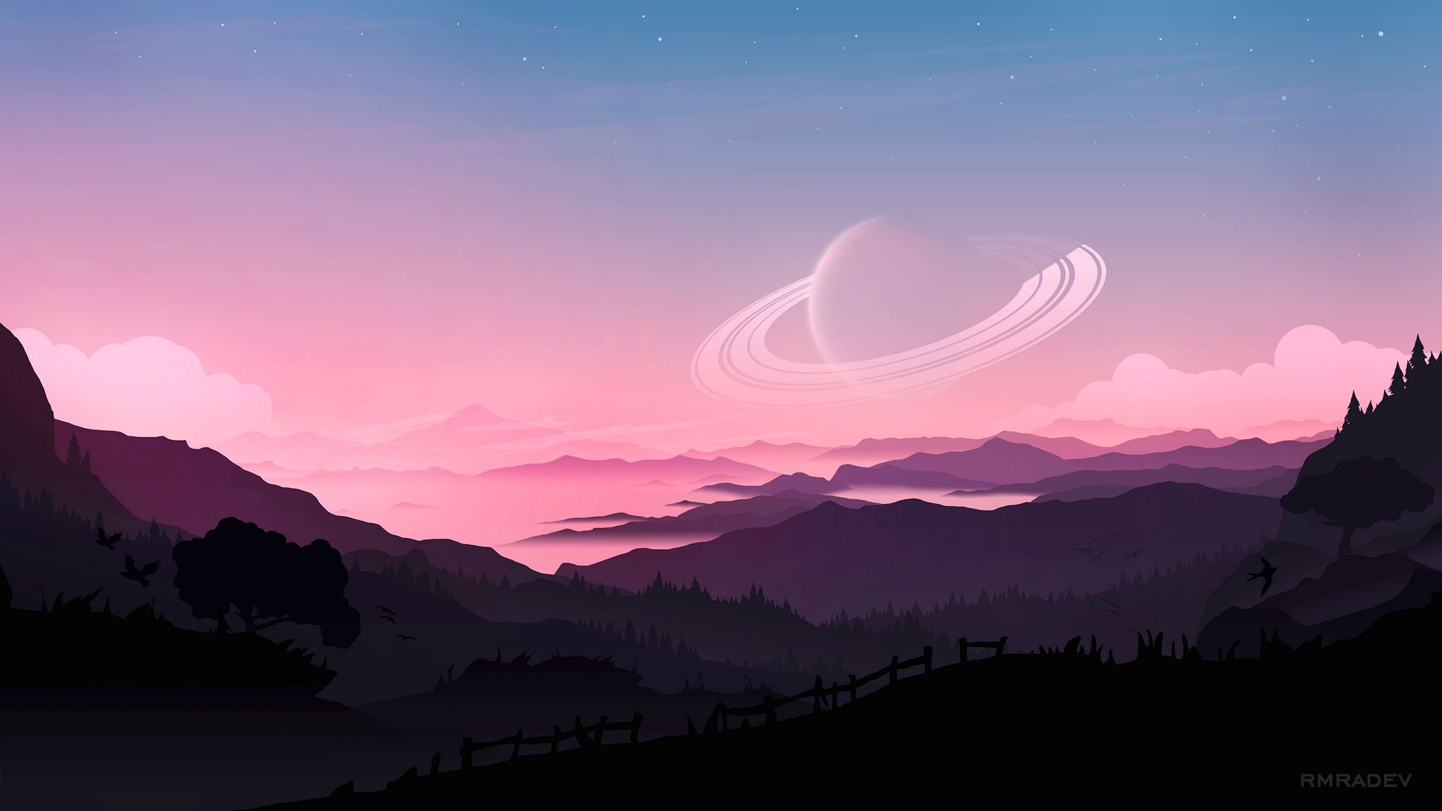 A planet hovers over a mountain range in this minimalist illustration. - 2048x1152