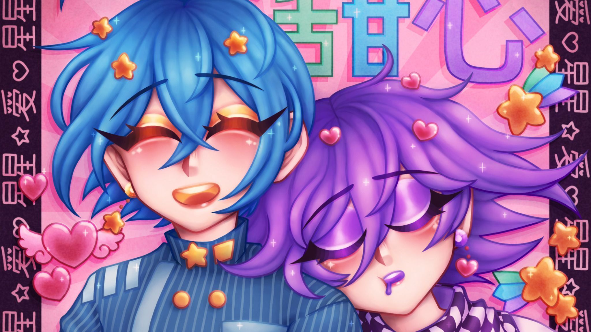 A couple of people with purple hair and blue eyes - 2048x1152