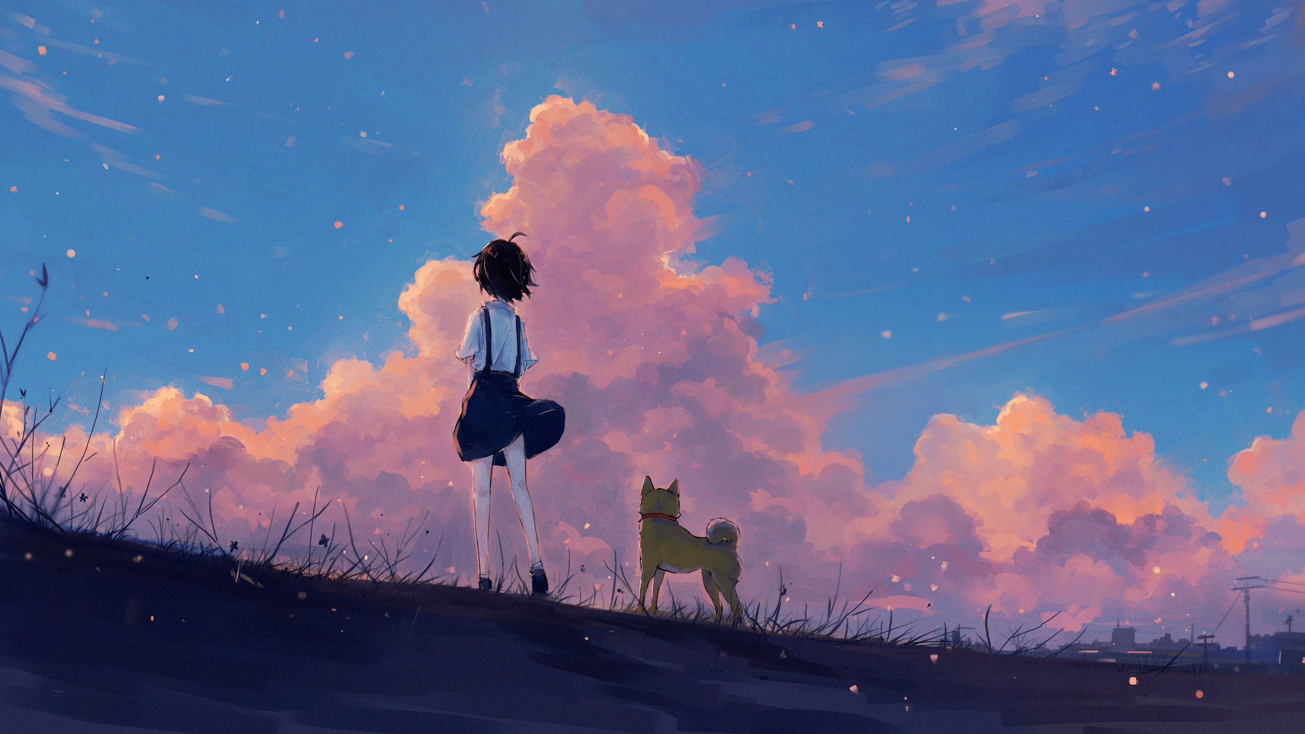 A woman and her dog standing on a hill with a beautiful sky - 2560x1440, anime landscape