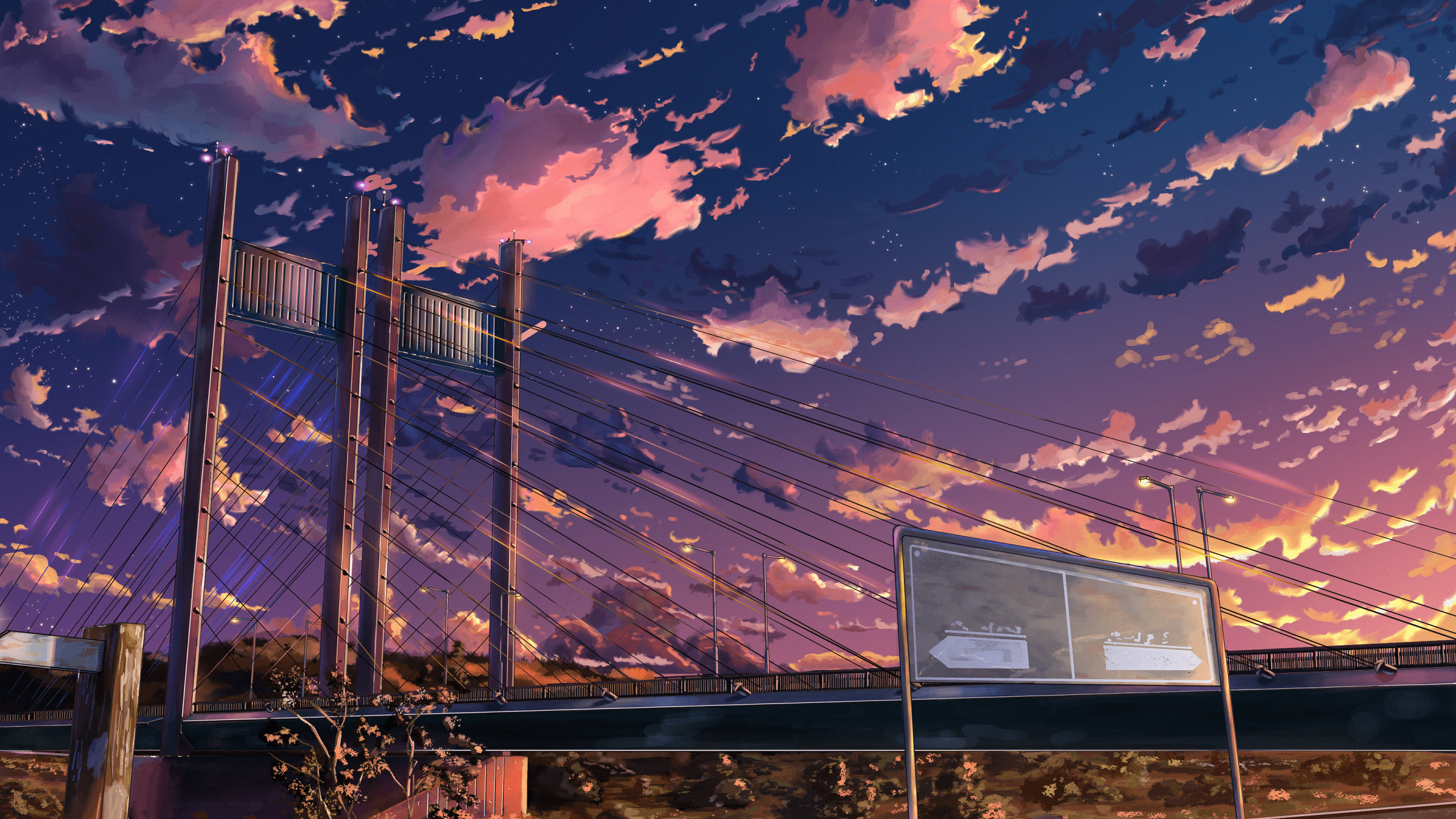 Anime Bridge Cityscape Sky Clouds Wallpaper:2560x1440