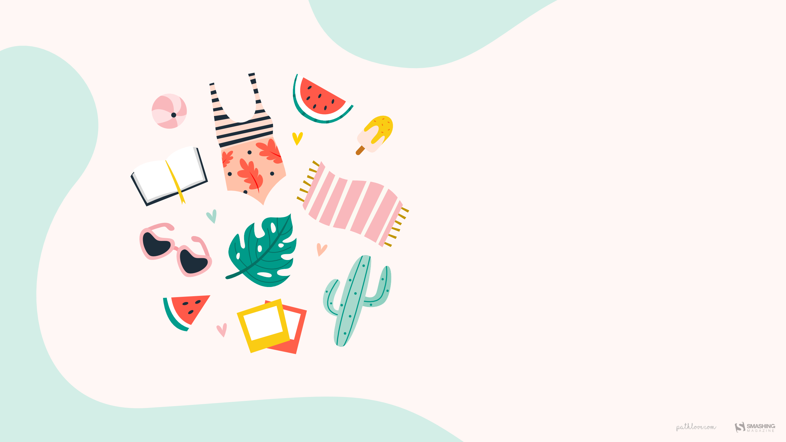 A pastel illustration of a woman in a bikini, surrounded by watermelon slices, palm leaves, and other beachy elements. - 2560x1440