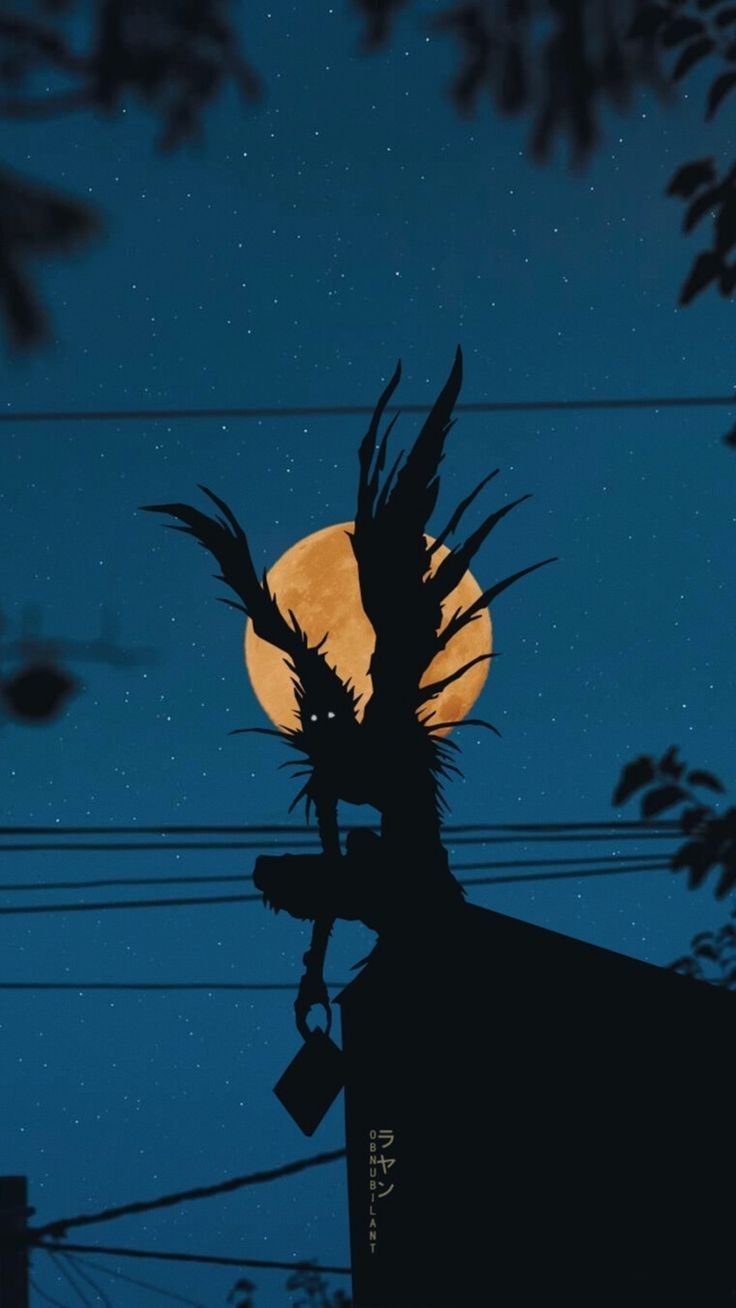 A silhouette of a person with a key and a dragon head on their back standing in front of a full moon - Death Note