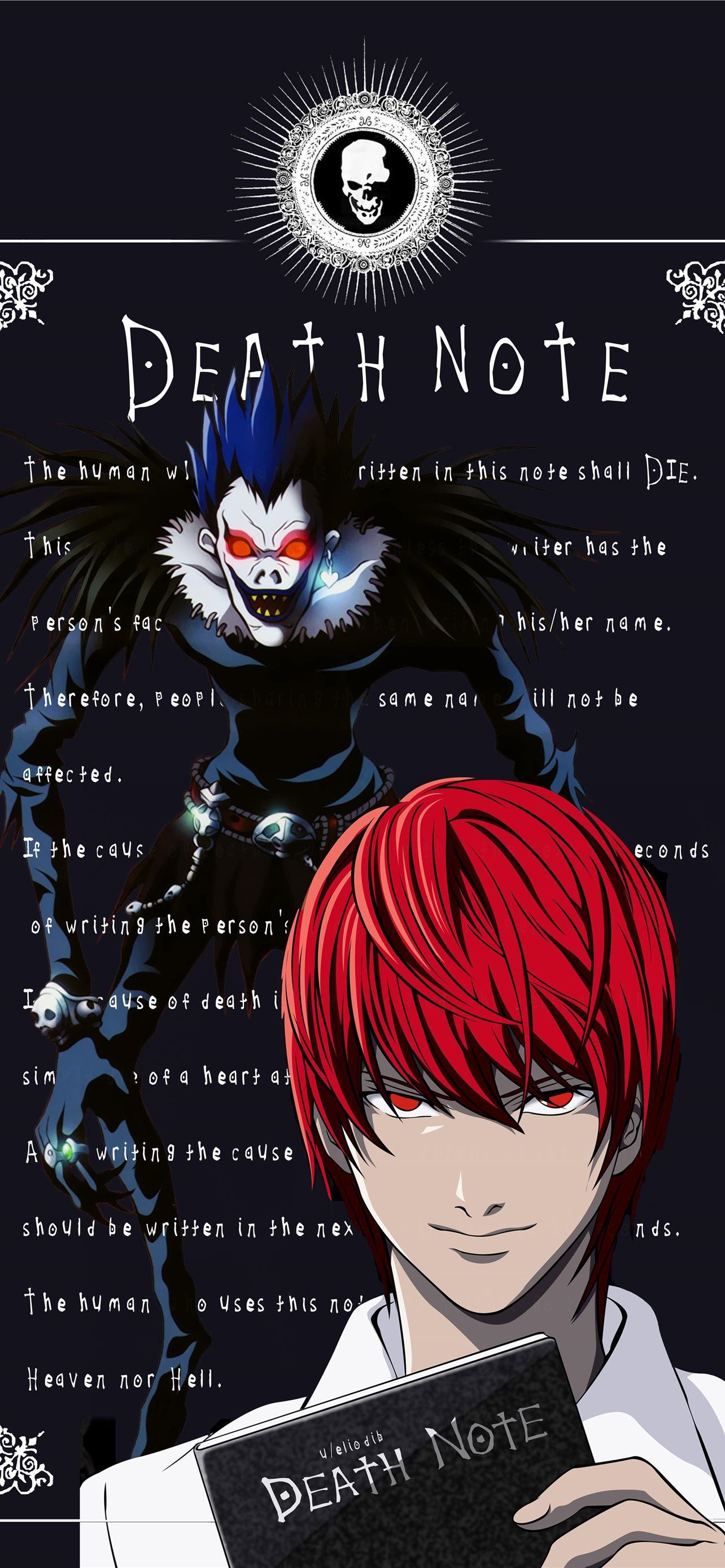 Death Note anime poster with the main characters, Light Yagami and Ryuk, and the rules of the game. - Death Note