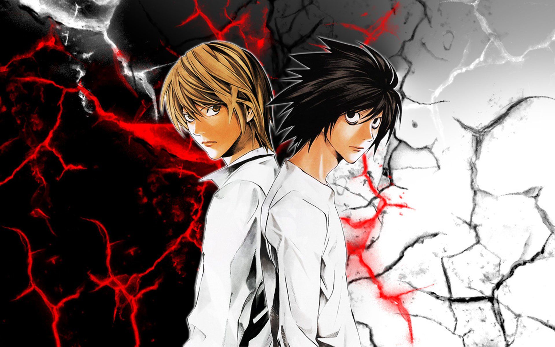 Death Note anime wallpaper with two characters standing back to back - Death Note