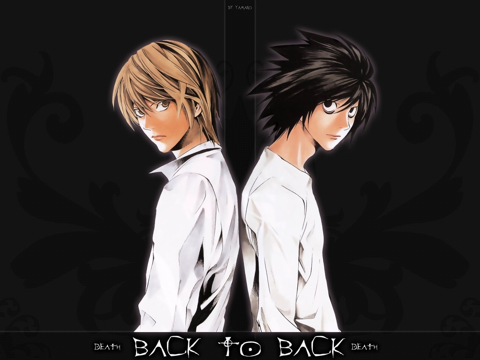 A black and white image of two men with the words back to - Death Note