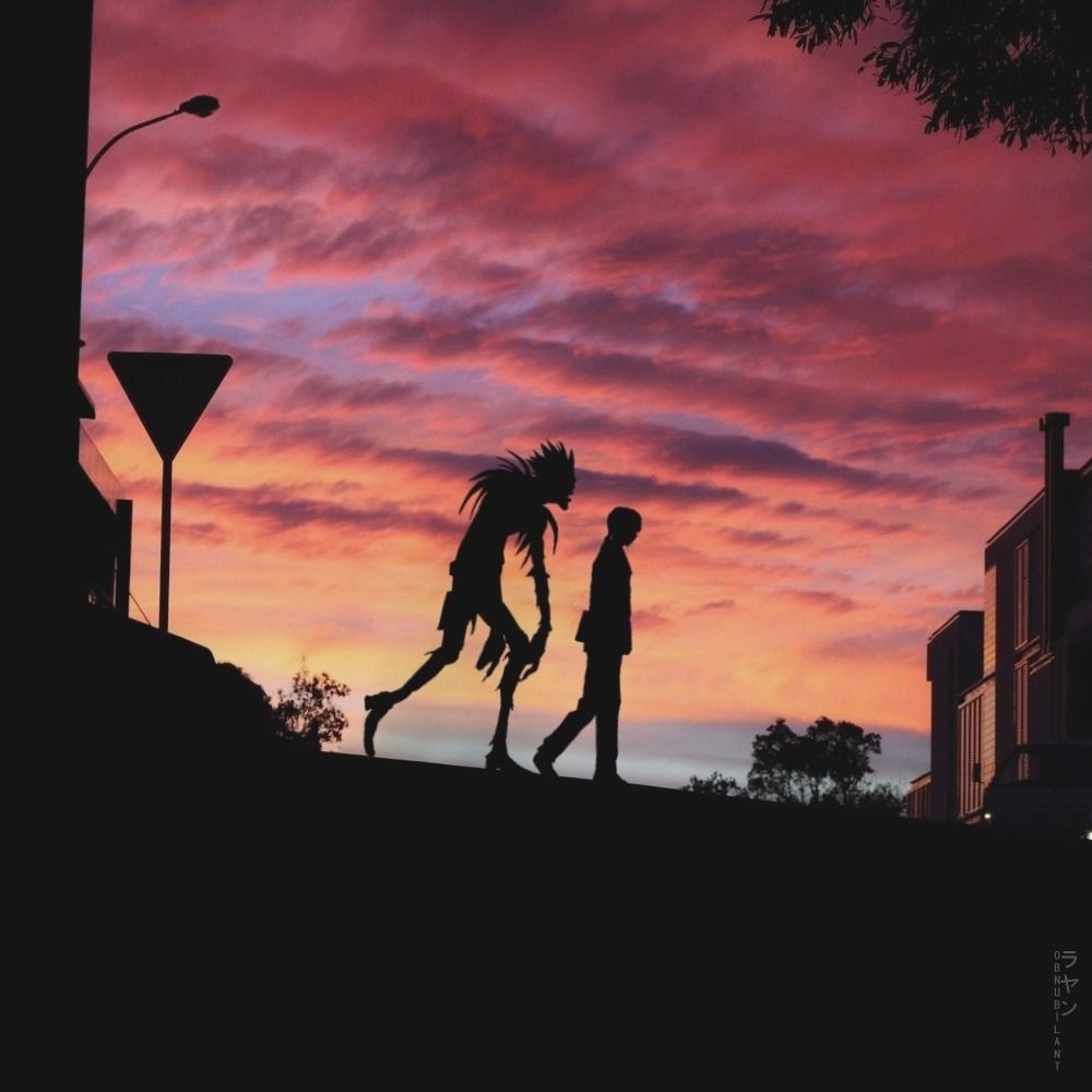 A sunset with a man and a robot walking hand in hand - Death Note