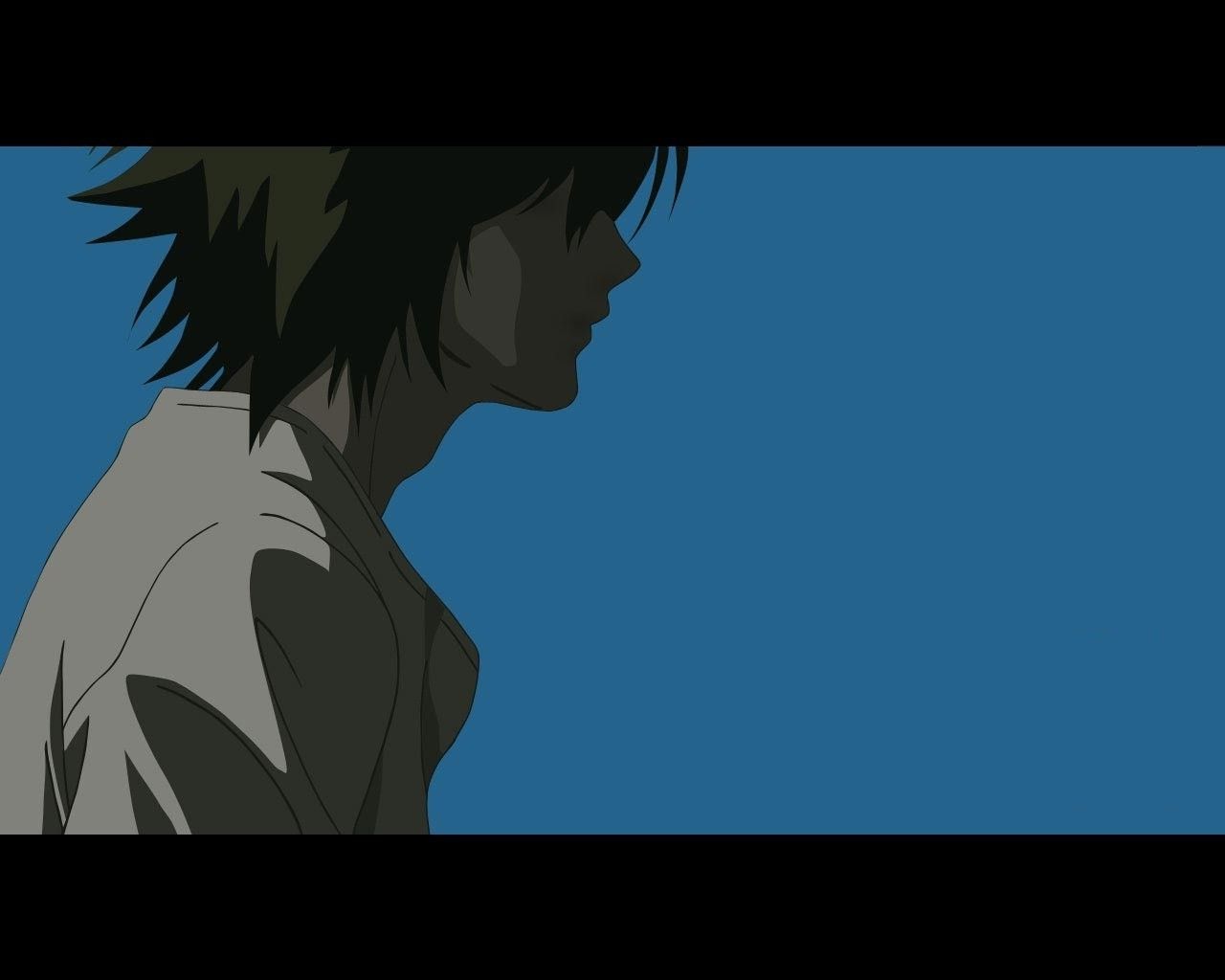 A man with black hair and blue background - Death Note