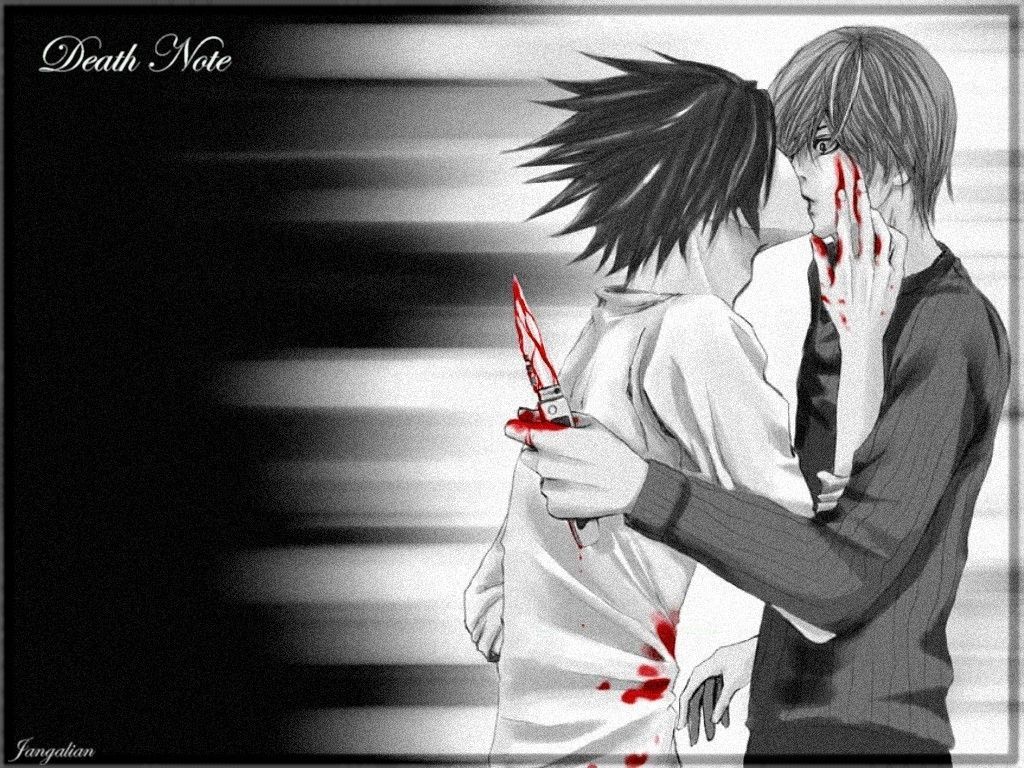 A death note wallpaper with l and light holding a blood knife - Death Note