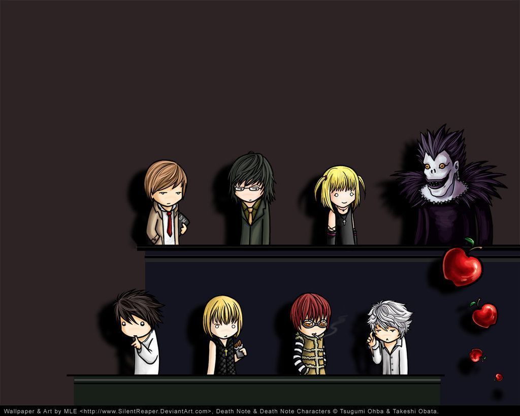 Anime characters standing in front of a dark wall - Death Note