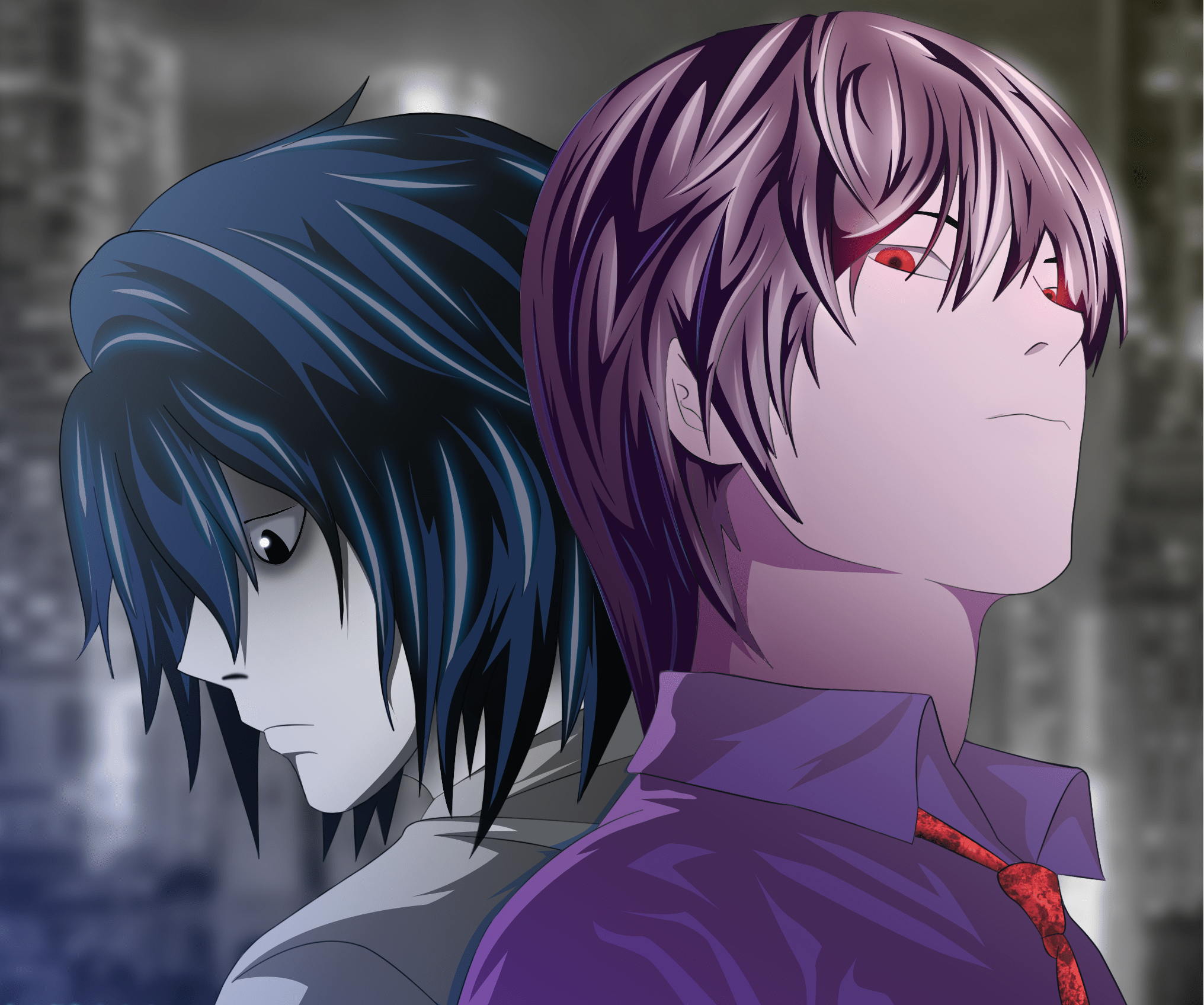 Two anime characters, one with purple hair and one with black hair, stand back to back against a cityscape. - Death Note