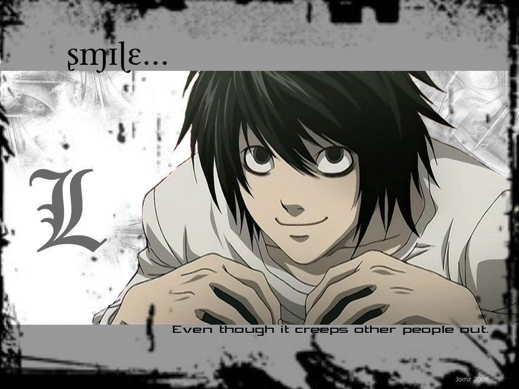 Anime wallpaper person with the quote ``even though i'm a demon, you can still smile'' - Death Note