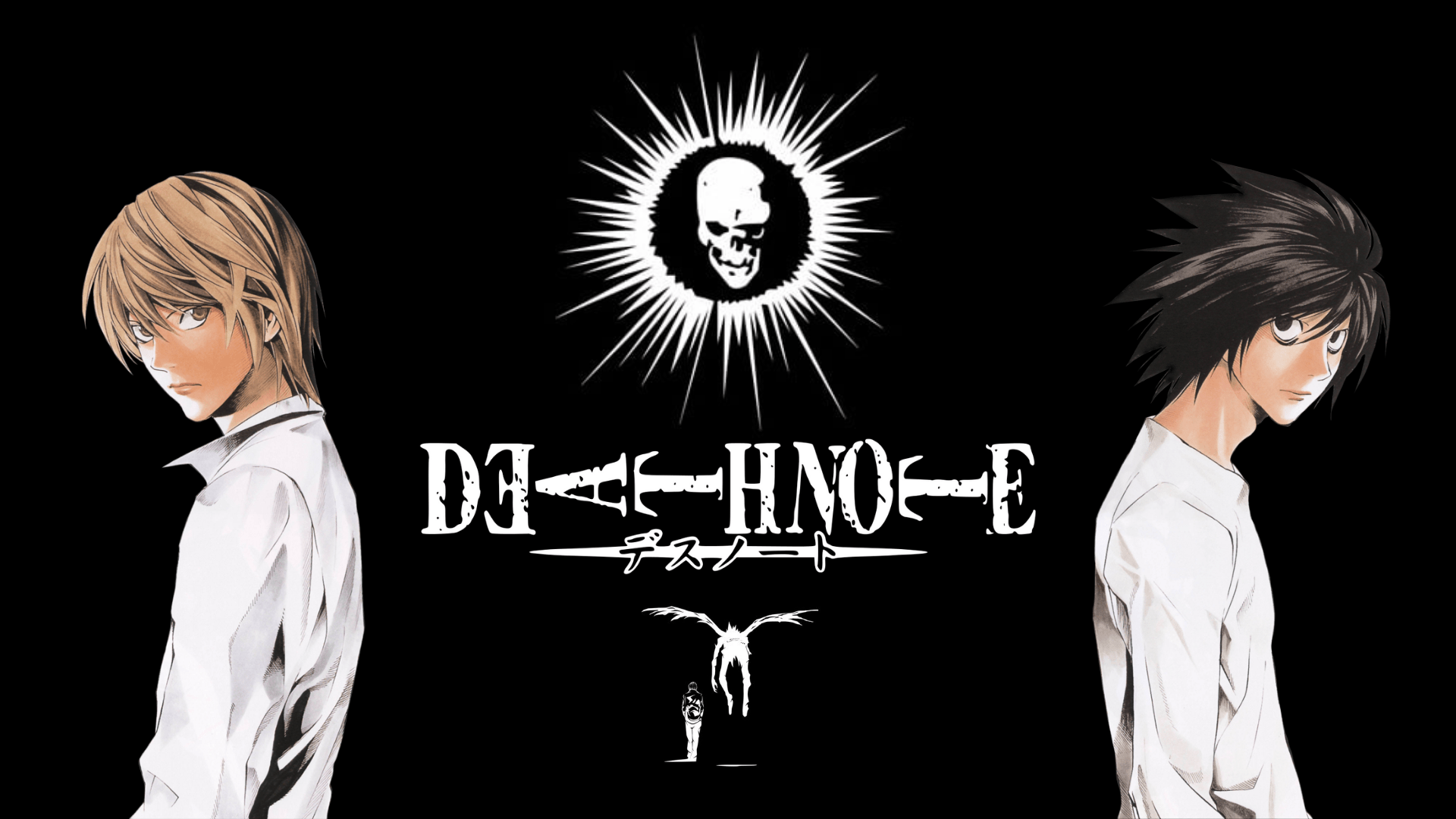 A black background with a white symbol of a skull with a bird in front of it. On the left is a blonde haired man with a white shirt and on the right is a dark haired man with a white shirt. - Death Note