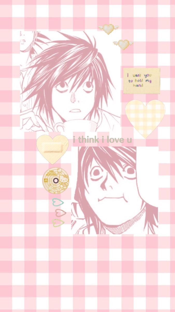 Pink aesthetic wallpaper with anime characters. - Death Note