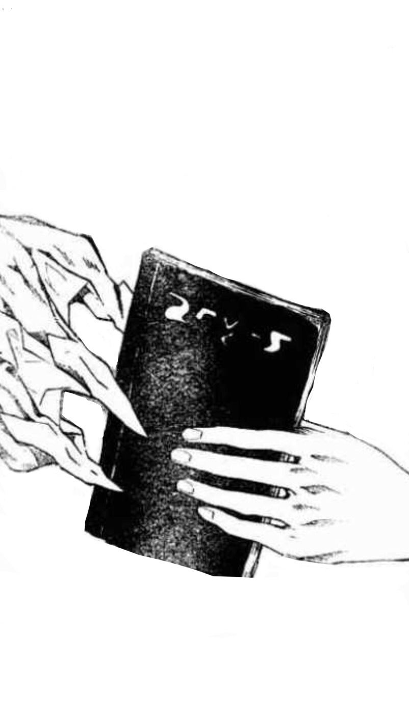 A black and white illustration of a person holding a book. - Death Note