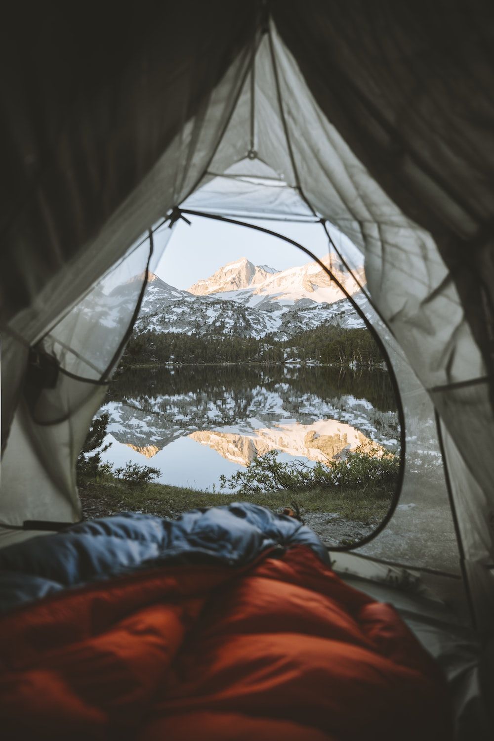A view of the mountains from a tent - Camping