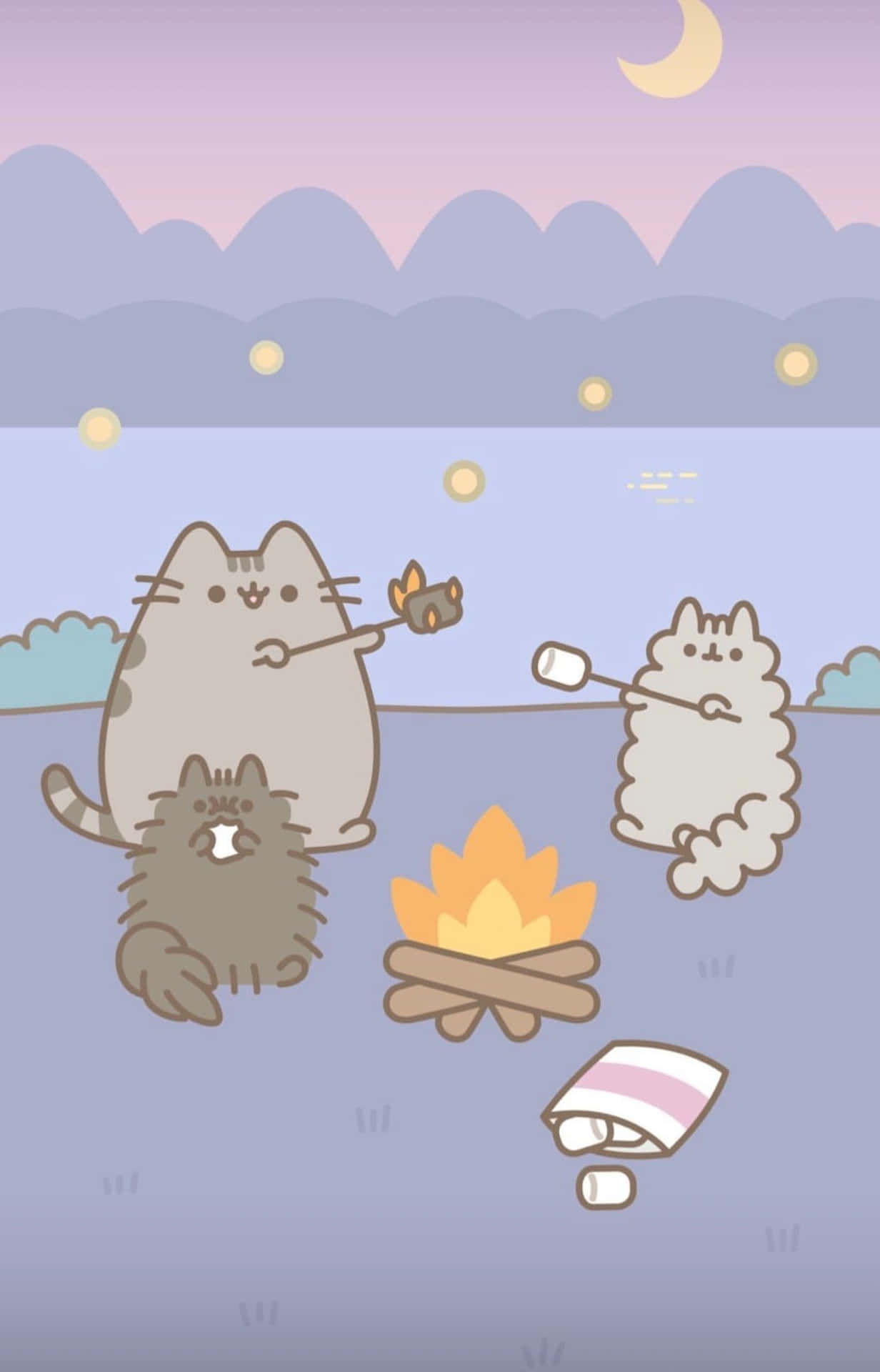 Pusheen the cat and friends roasting marshmallows - Pusheen, camping, marshmallows