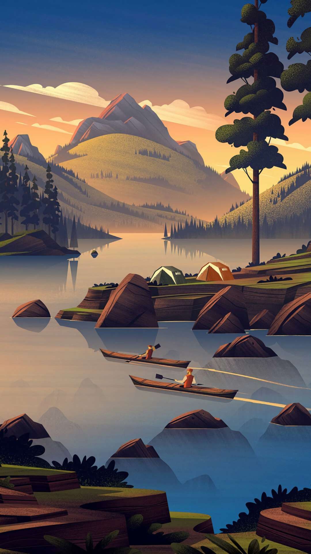 Illustration of a landscape with a lake, mountains, and people in boats. - Camping