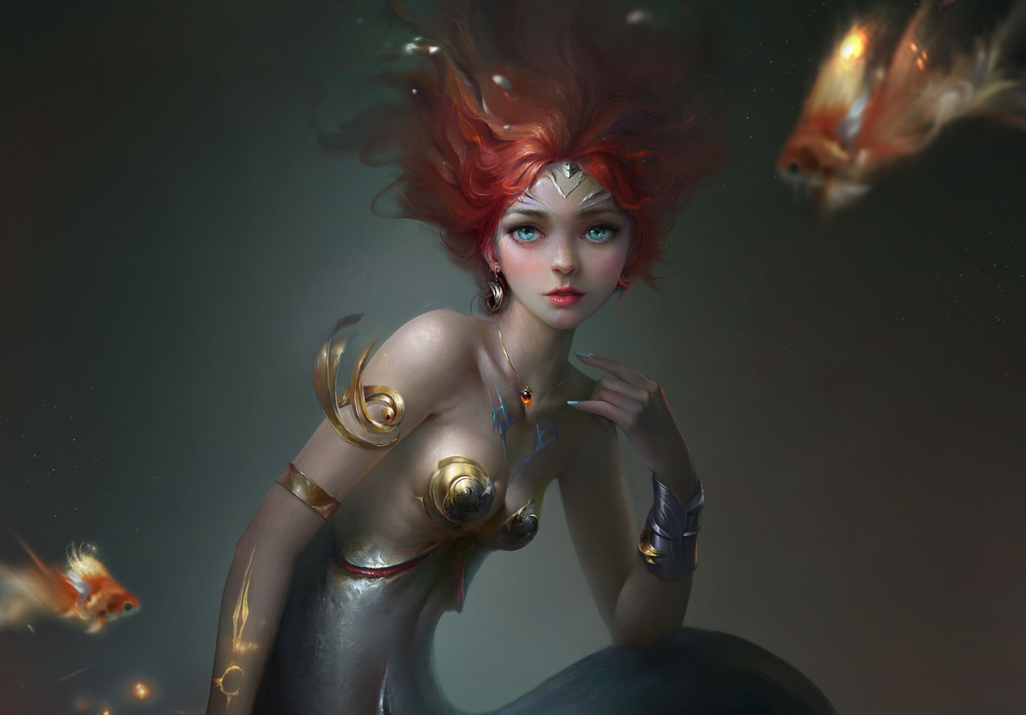 A woman with red hair and fish - Ariel