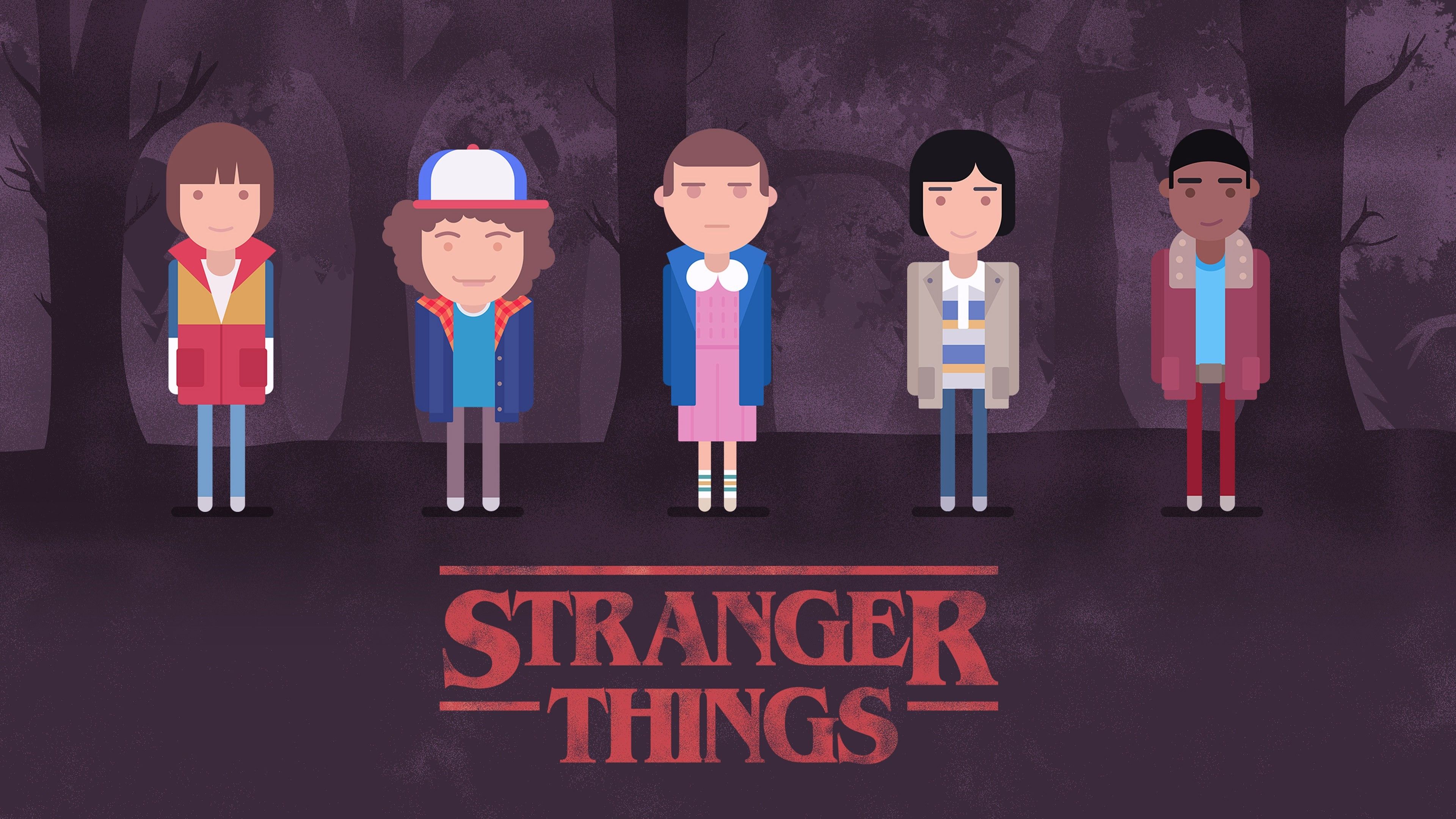 A group of five characters from the TV show Stranger Things standing in a line in a forest. - Stranger Things
