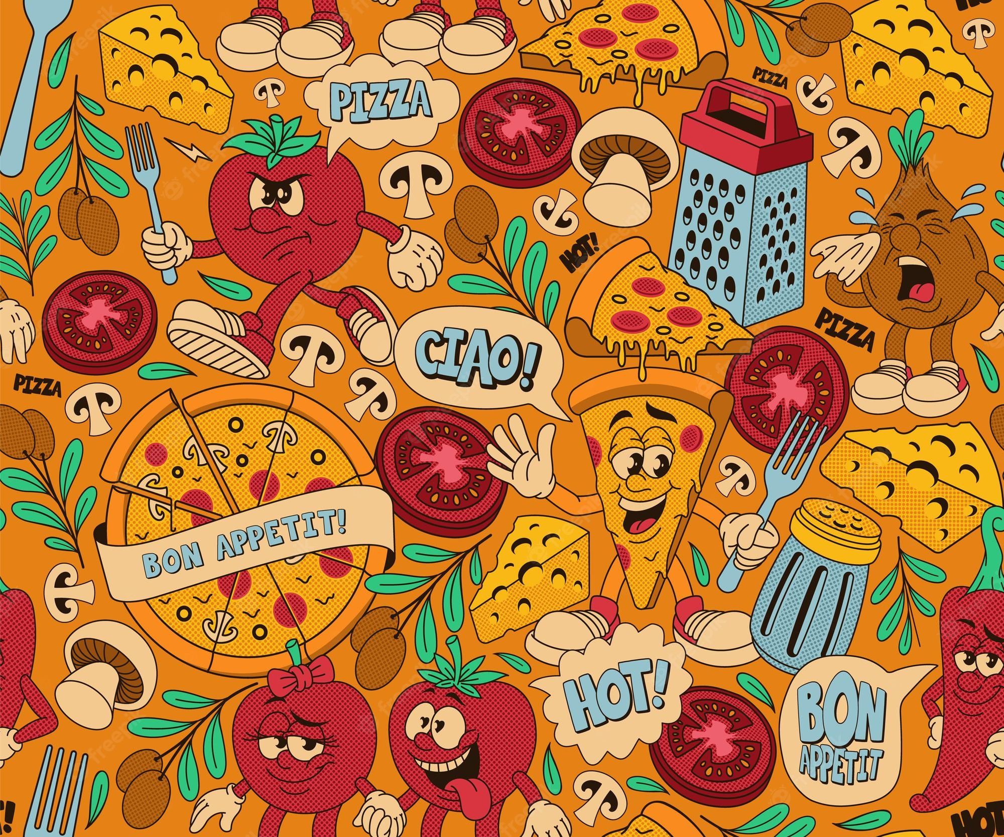 A pizza pattern with a lot of pizza related items on it - Pizza