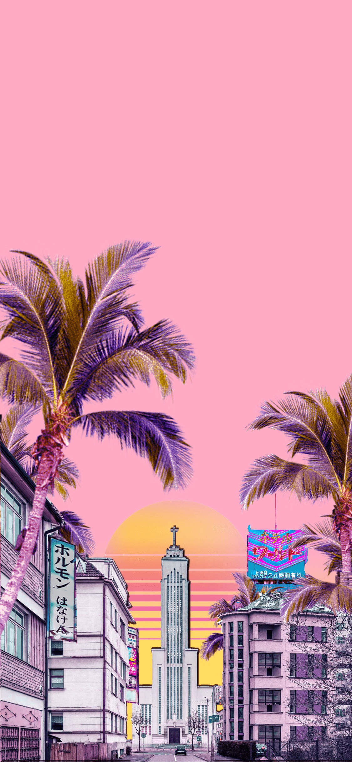 A pink and purple city scene with palm trees - Miami