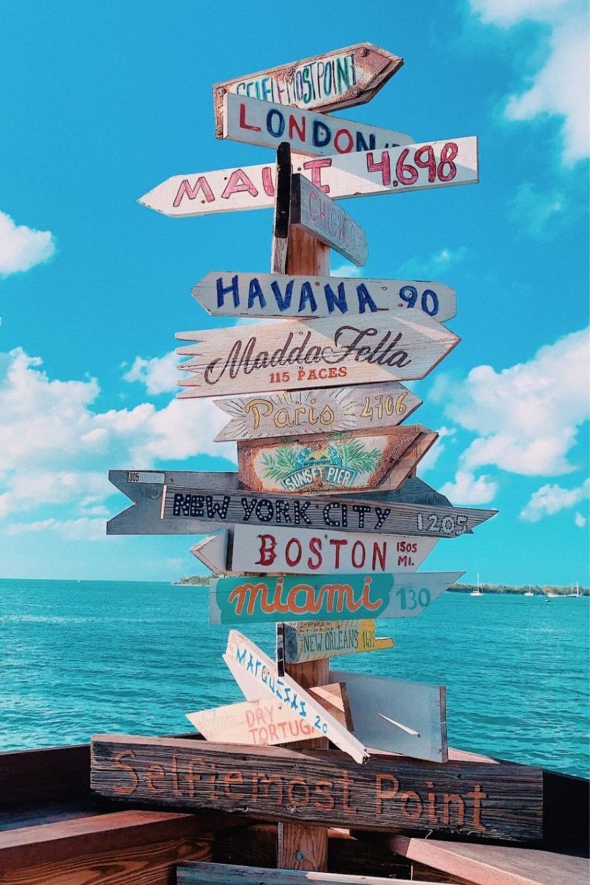 A wooden post with many different directional signs - Miami