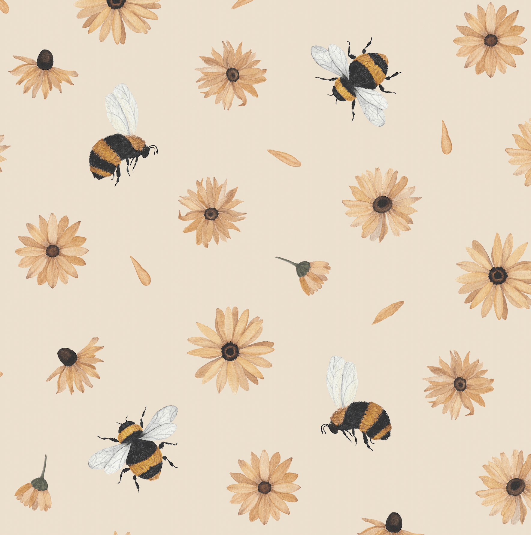 Bees and flowers on a light colored background - Honey, bee
