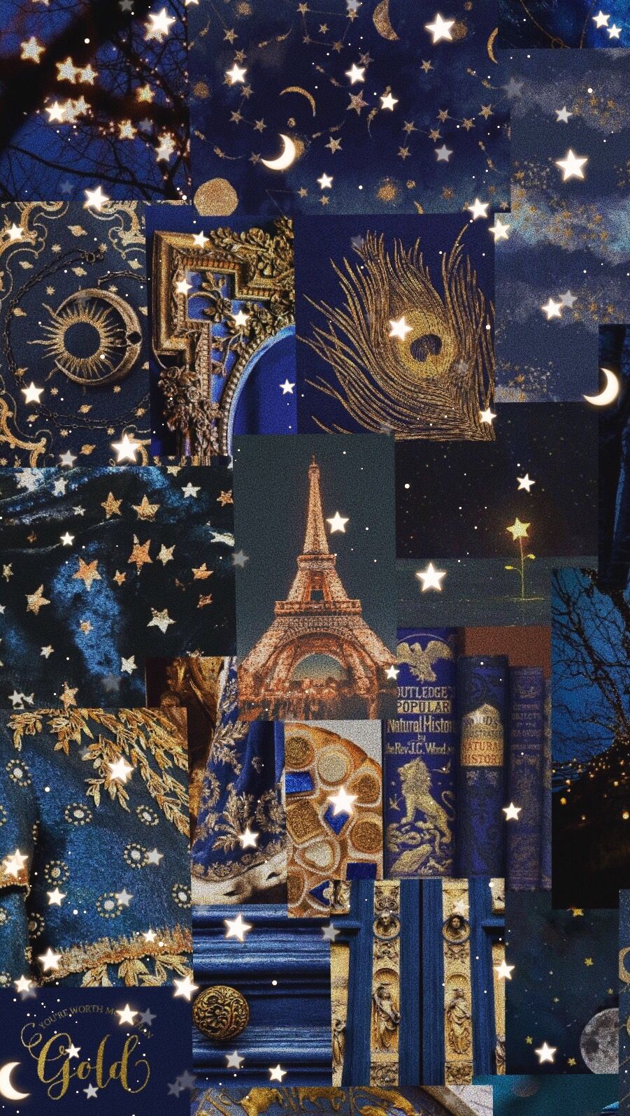 A collage of a blue and gold aesthetic with books, stars, and the Eiffel Tower. - Gold