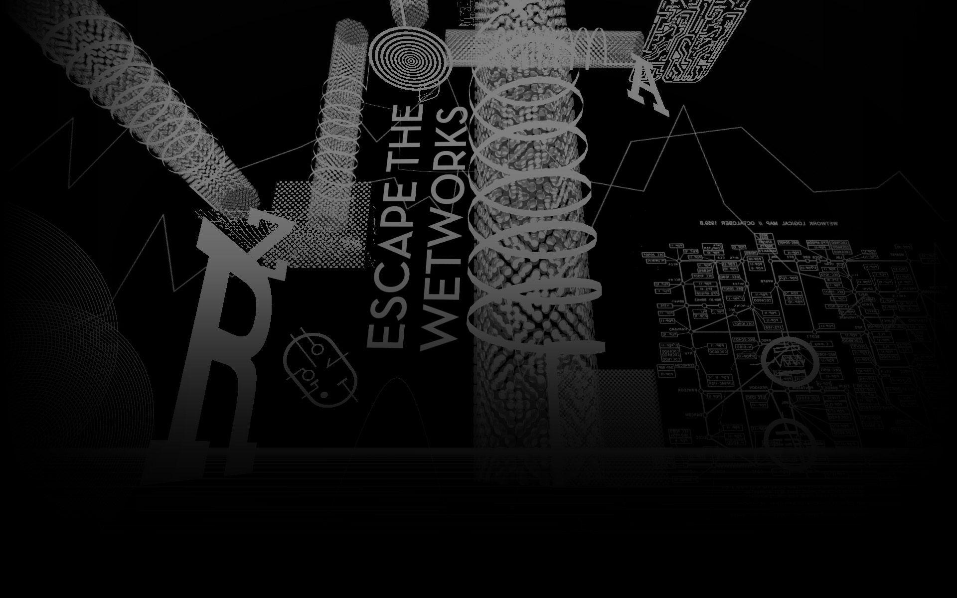 A black and white graphic of various digital elements including a bitcoin symbol, circuit board and text reading 