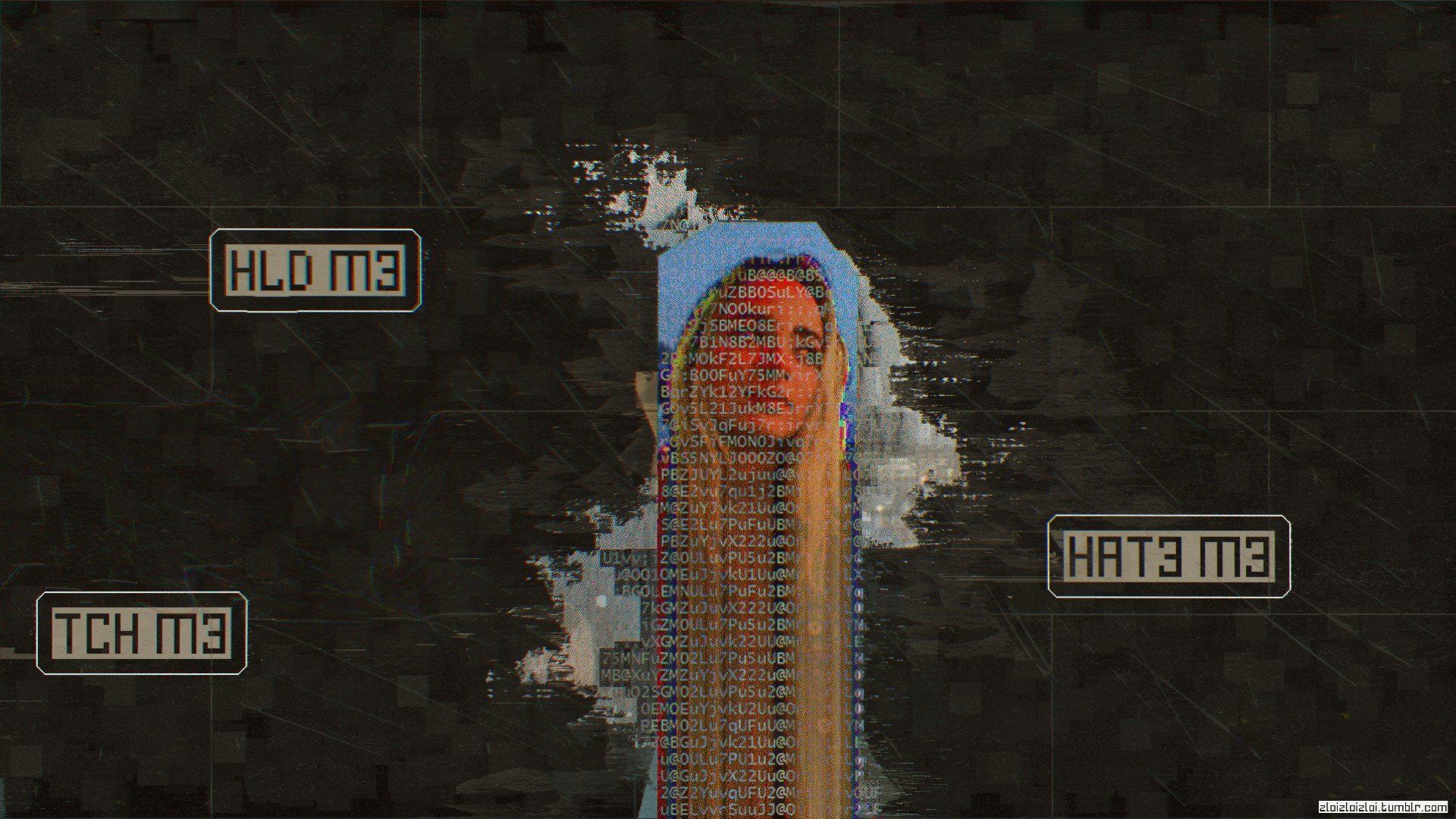 A glitched portrait of a woman with the words 