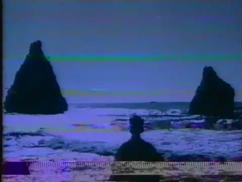 A television screen shows two people standing on the beach - Black glitch