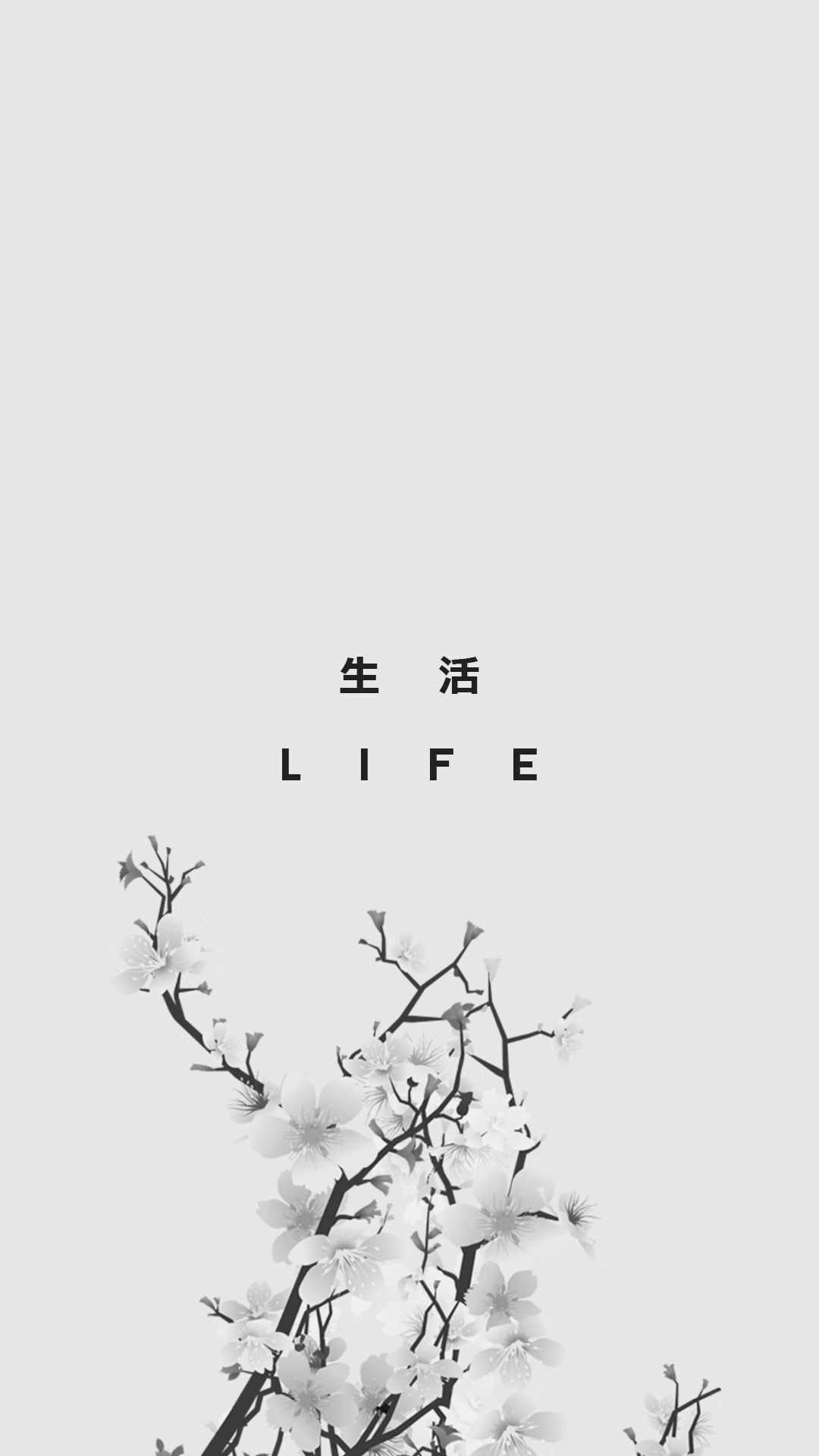 Chinese characters for life on a grey background with a branch of flowers - Warm