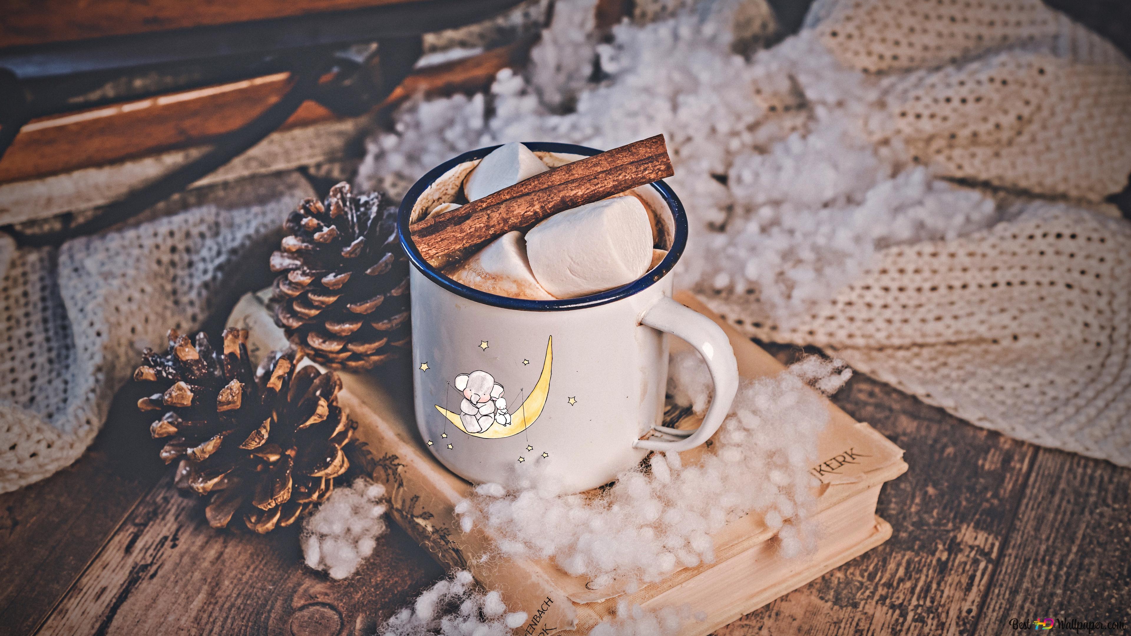 Warm hot Choco with cinnamon and Marshmallow in a white cup aesthetic 4K wallpaper download