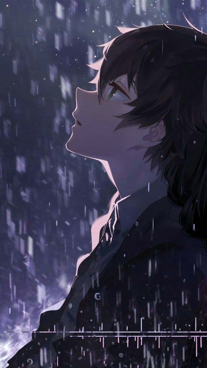 Anime boy looking up at the sky in the rain - Warm