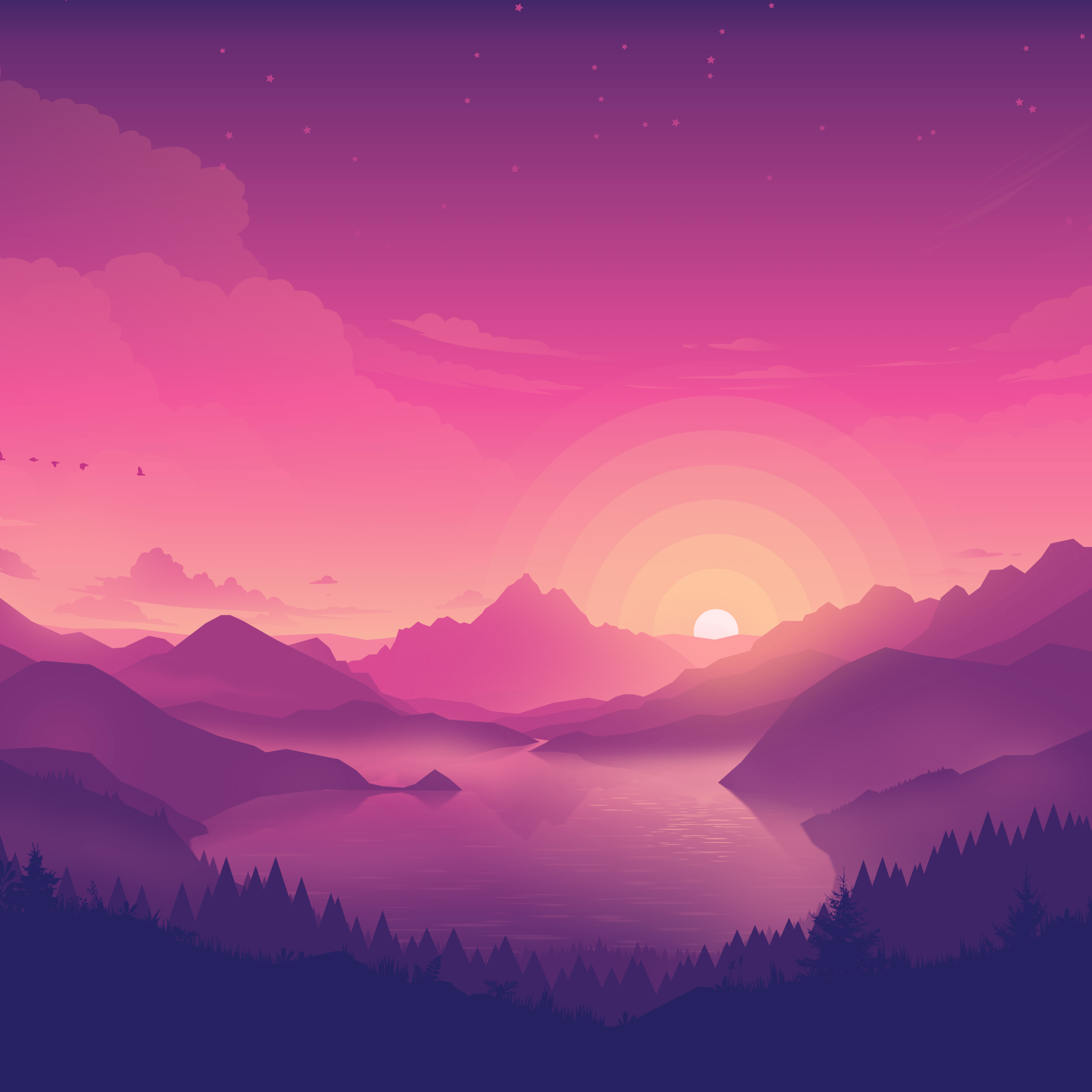 A pink and purple sunset over a lake surrounded by mountains - Landscape