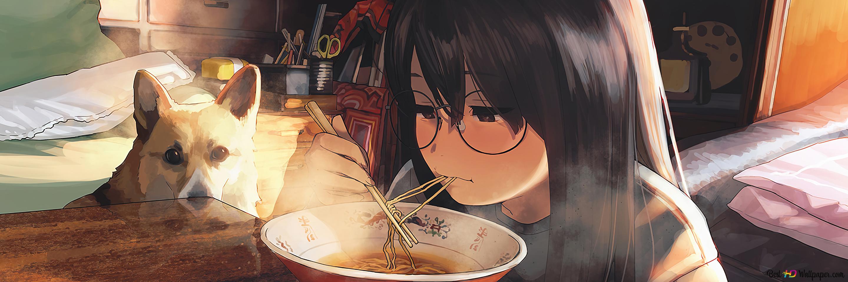 Anime girl eating noodles with a dog - Ramen