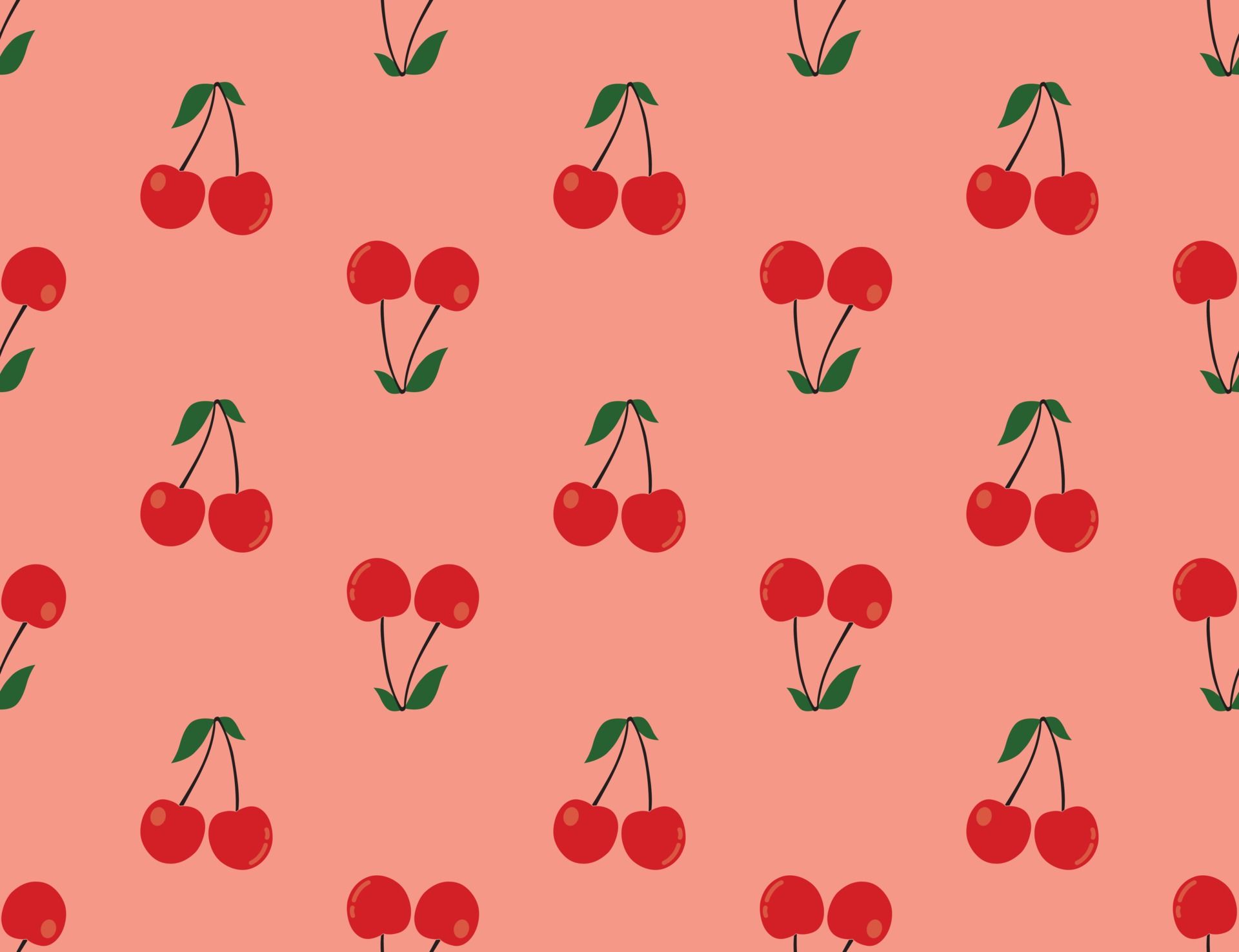 A pattern of red cherries with green stems and leaves on a salmon background. - Light red