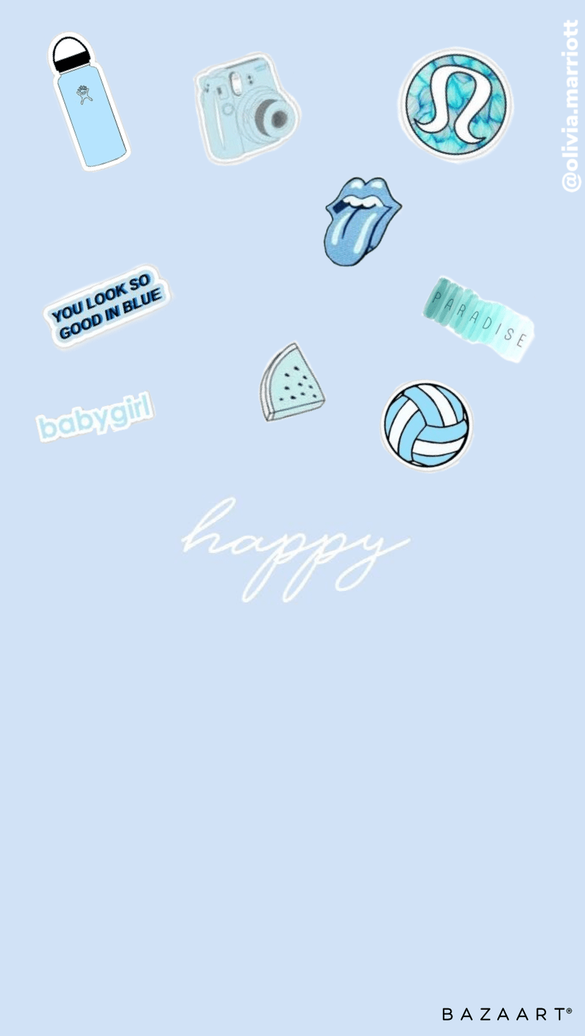 Blue aesthetic wallpaper with stickers and the words 