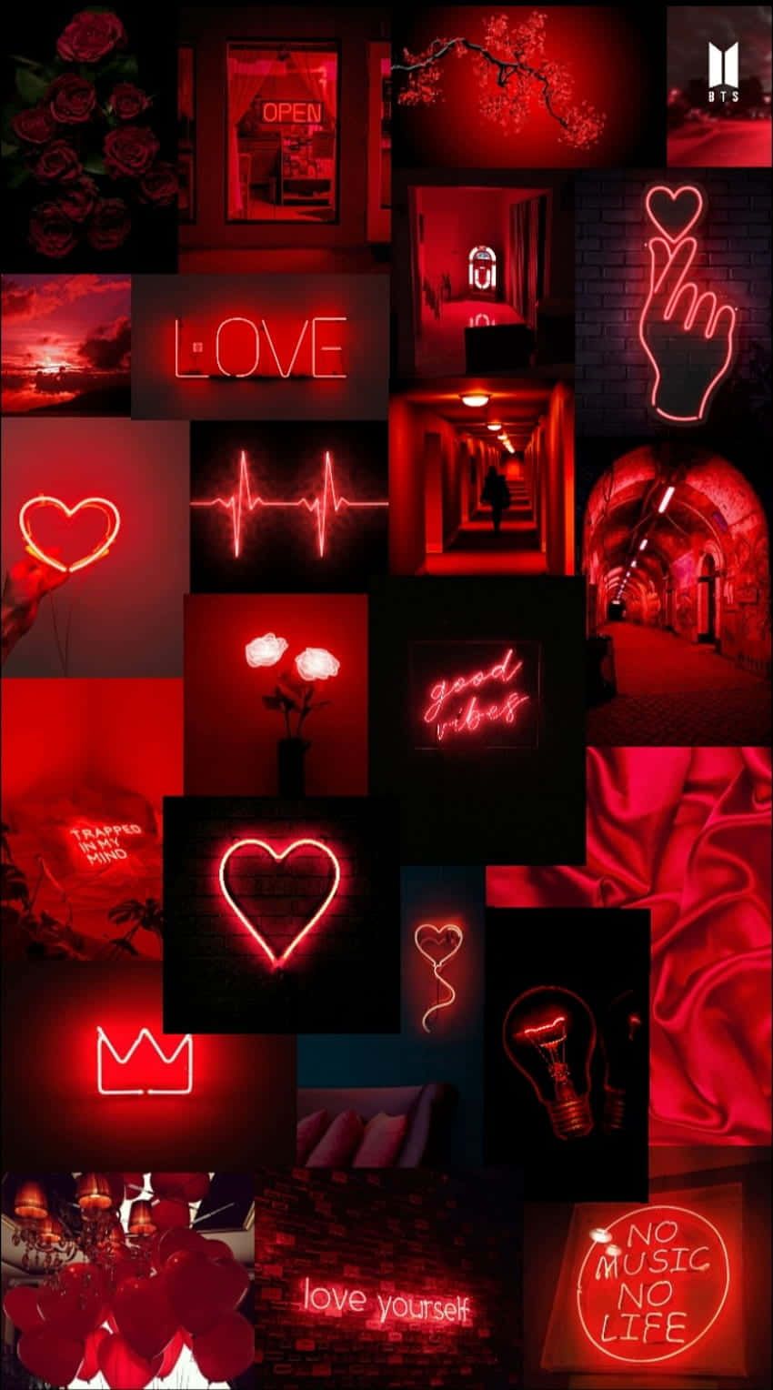 A collage of red neon lights and hearts - Red, light red, dark red, neon red