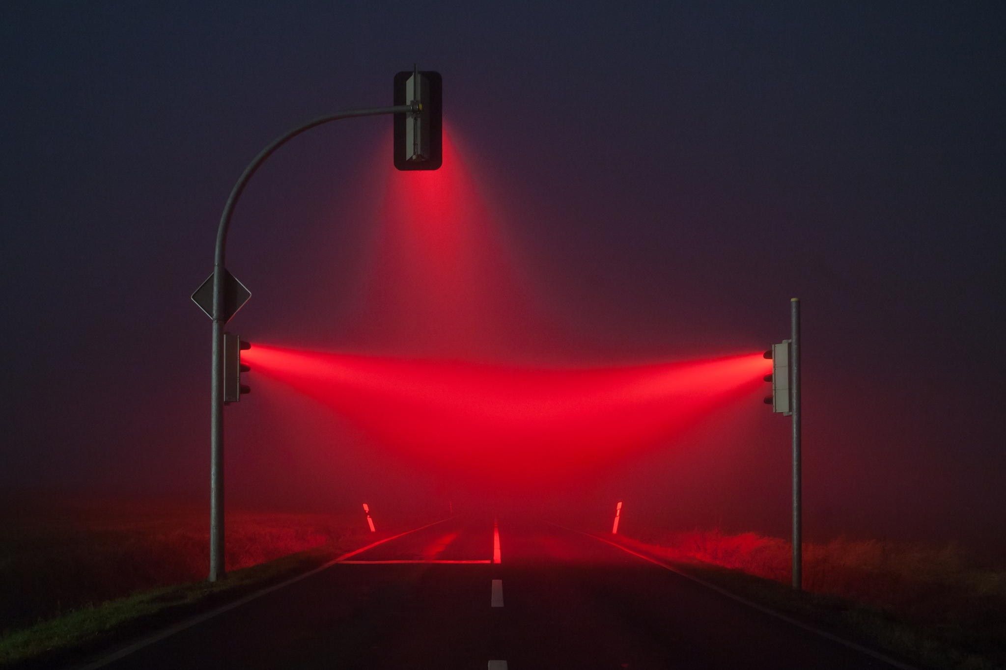 blue, road, traffic lights, lights, mist, red Gallery HD Wallpaper