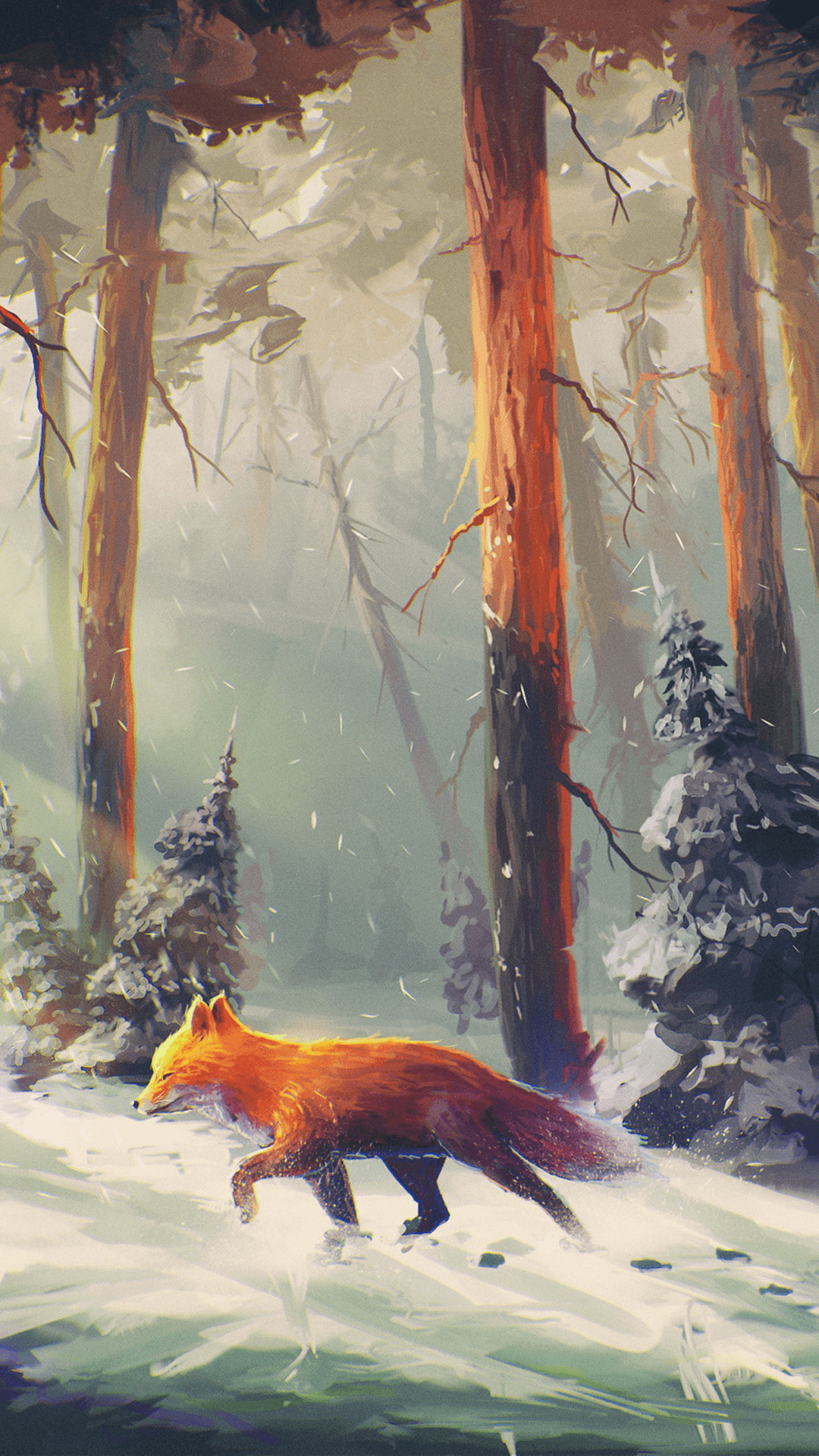 A fox running through the snow in an artistic painting - Fox